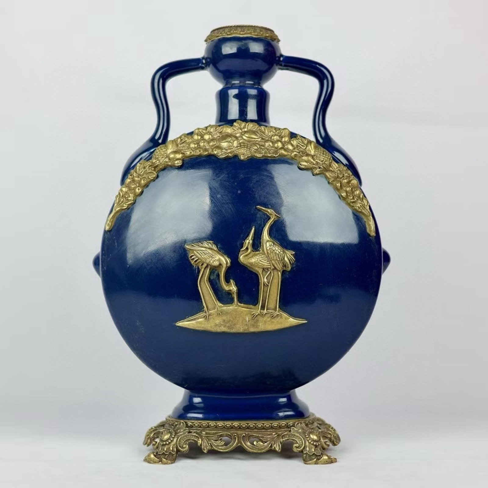 A Huge Ji Blue Glazed Inlaid Bronze Crane Pattern Double-Ears Vase: A Huge Ji Blue Glazed Inlaid Bronze Crane Pattern Double-Ears Vase,Qing Dynasty,China,Yongzheng Six-character Mark,Size:15.7inx10.6in 霁蓝釉镶铜鹤纹双&#
