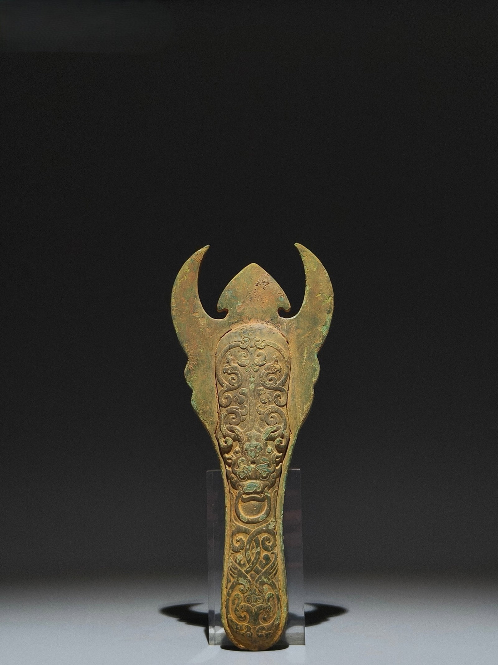 An Archaic Bronze Beast-Face Pattern Ornament: An Archaic Bronze Beast-Face Pattern Ornament,Han Dynasty,China,Size:8.5inx3.5in 青铜兽面纹摆件,中国汉代