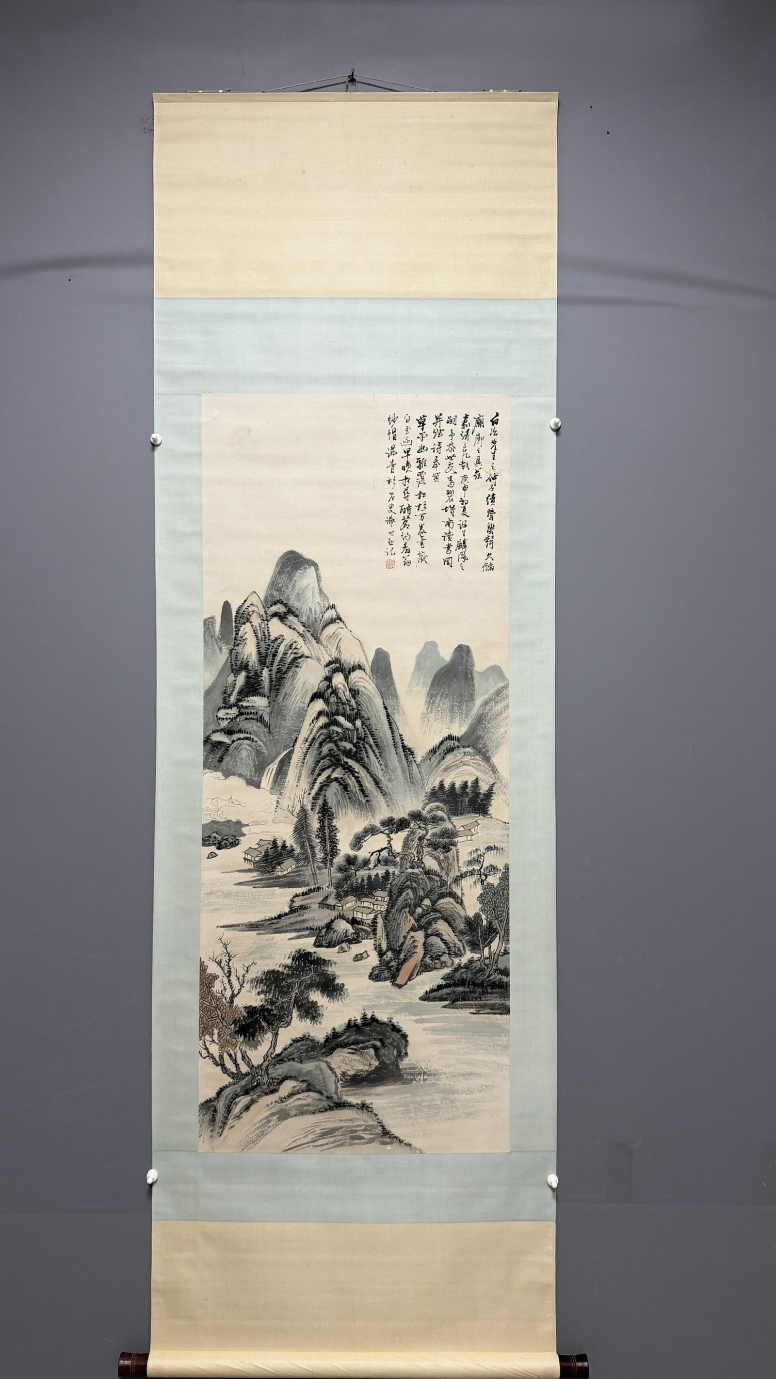 A Chinese Vertical Scroll Ink Painting of Landscape on Paper: A Chinese Vertical Scroll Ink Painting of Landscape on Paper,Xie Shichen,Size:52.4inx21.7in 一幅中国水墨山水画立轴,谢时