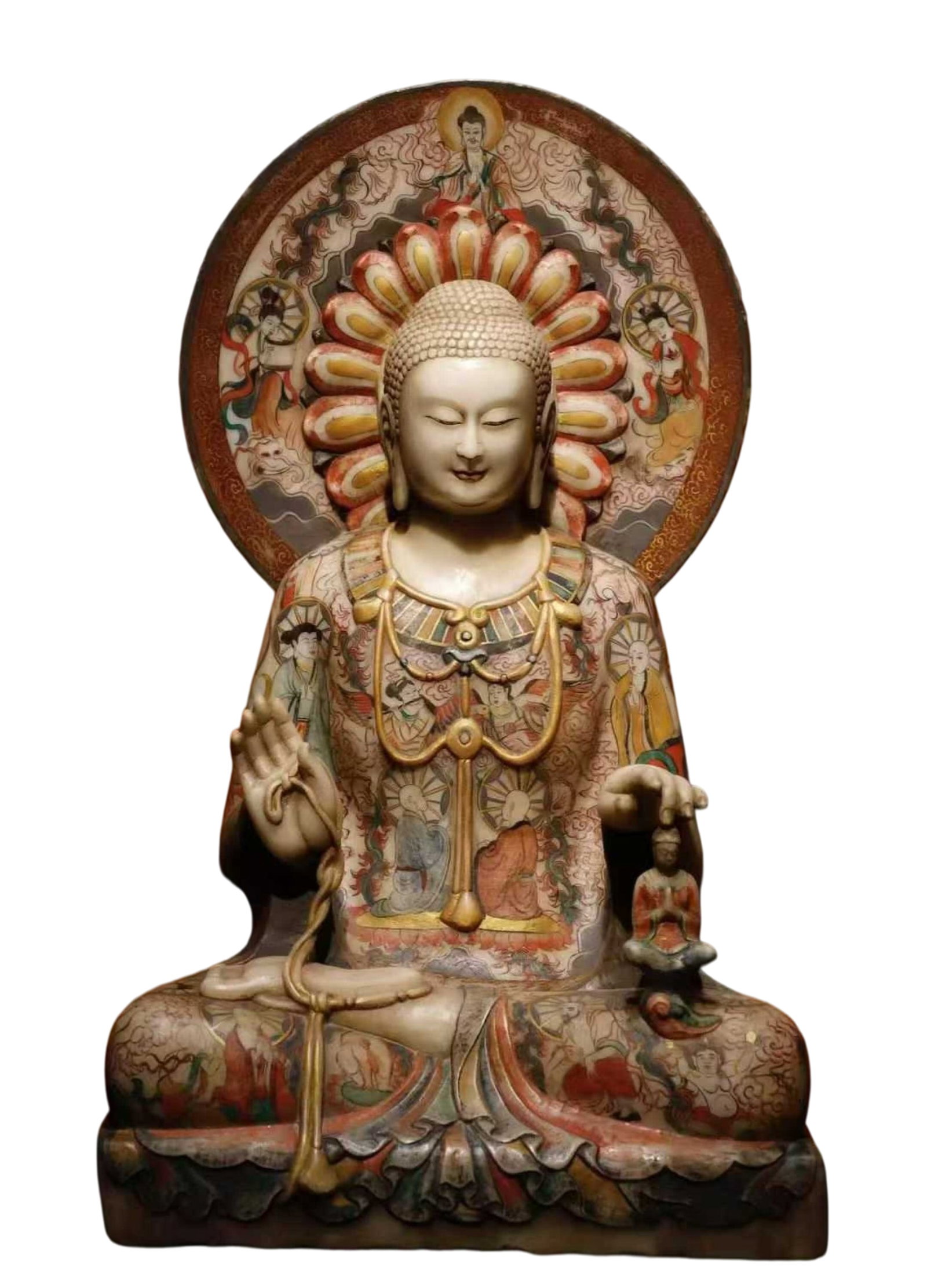 A Solemn Marble Painted Color Statue of Sakyamuni: A Solemn Marble Painted Color Statue of Sakyamuni,N.Qi,China,Size:31.5inx17.7inx13in