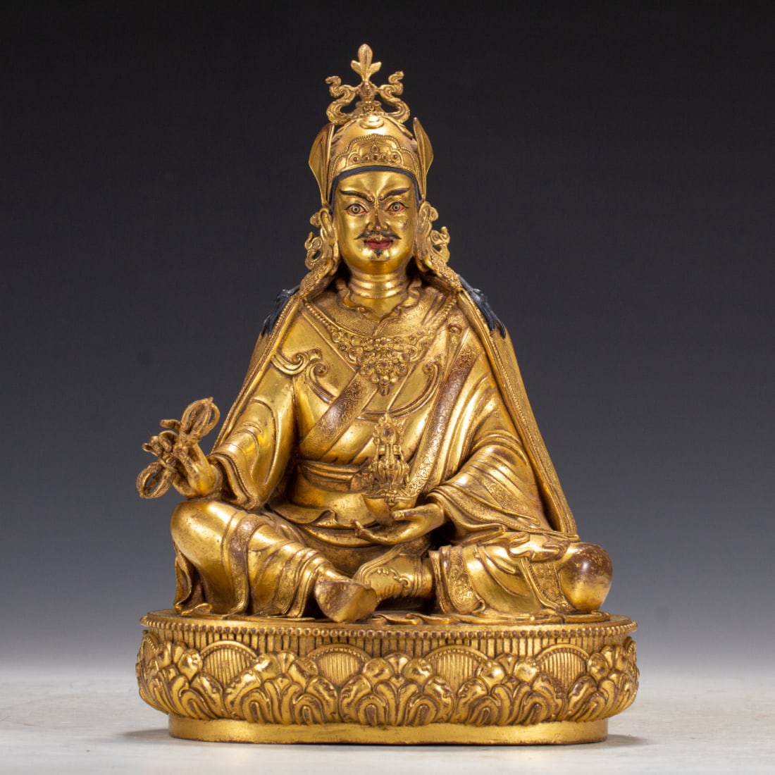 A Solemn Gilt Bronze Statue of Padma Sambhava: A Solemn Gilt Bronze Statue of Padma Sambhava,Ming Dynasty,China,Yongle Six-character Mark,Size:6.5inx5.3inx9.4in,Weight:2800g