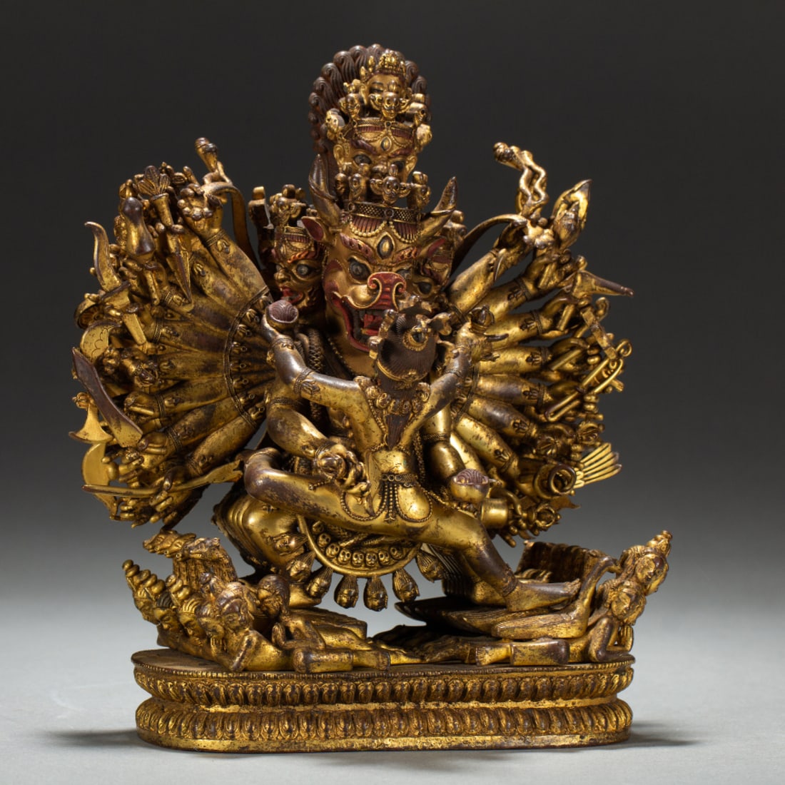 A Solemn Gilt Bronze Statue of Yamantaka: A Solemn Gilt Bronze Statue of Yamantaka,Qing Dynasty,China,Size:7.3inx4.3inx8.5in,Weight:3730g