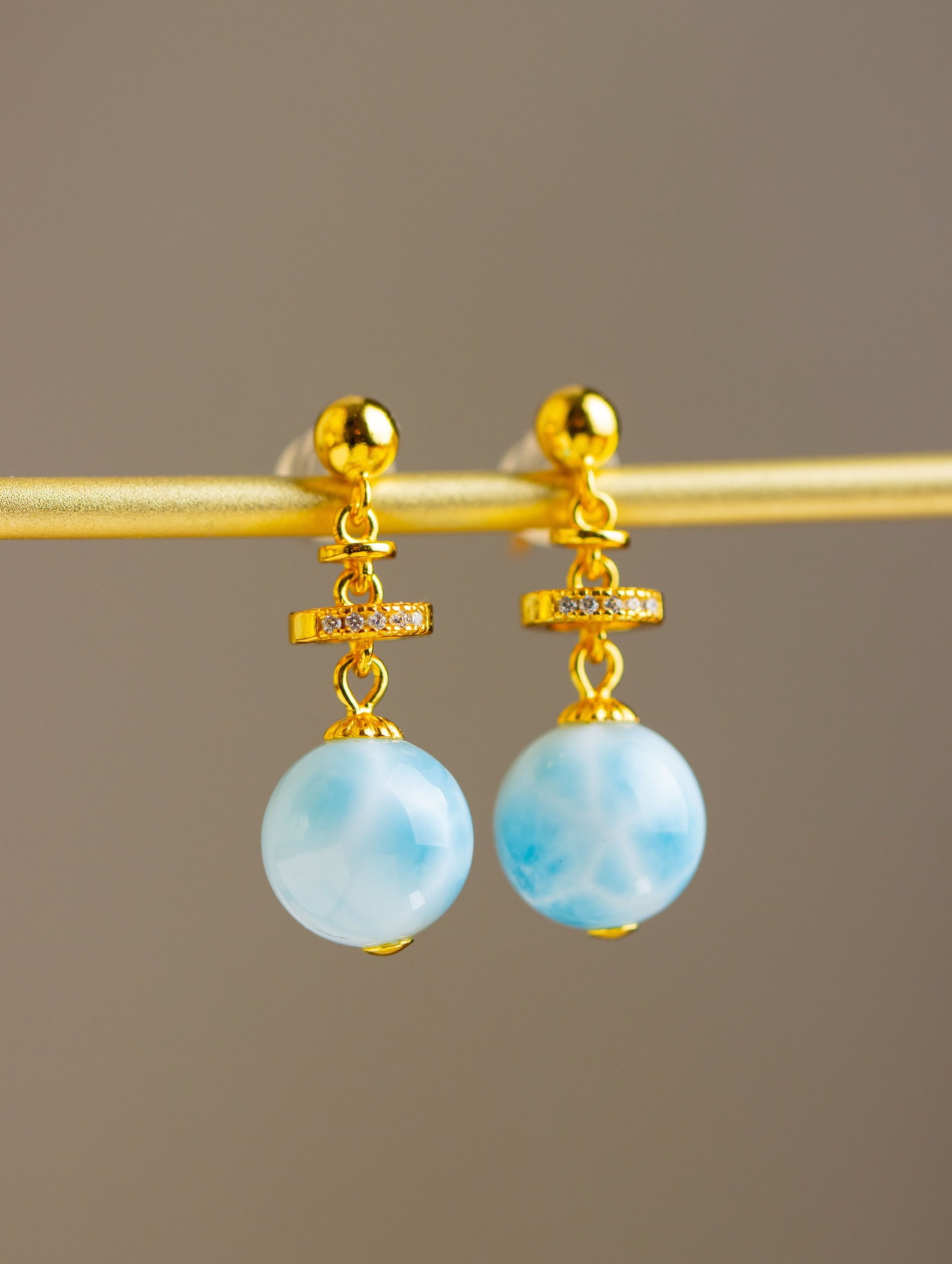A Pair of Exquisite Sterling Silver-Gold Plated Inlaid Larimar Earrings,Inlaid Diamond: A Pair of Exquisite Sterling Silver-Gold Plated Inlaid Larimar Earrings,Inlaid Diamond