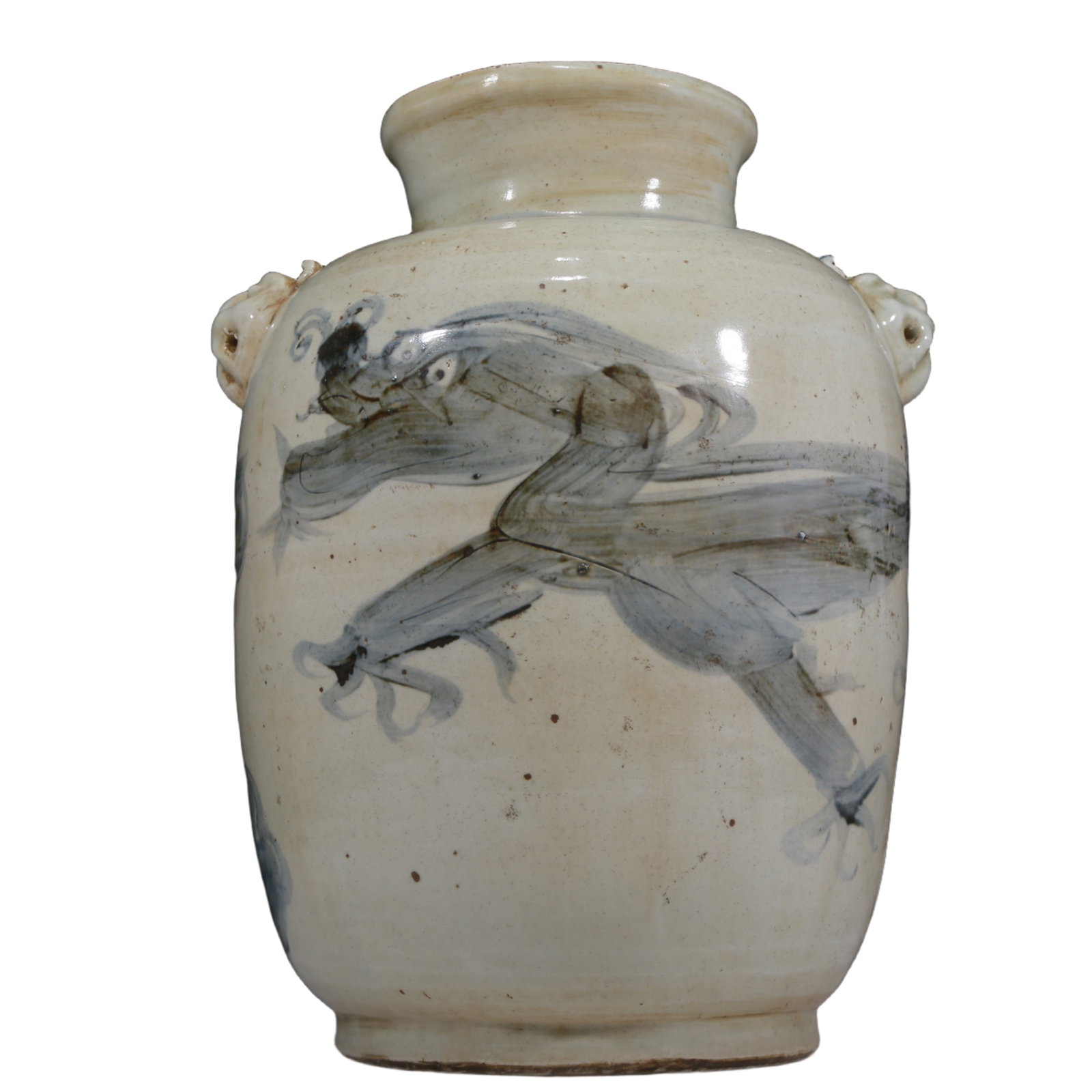 An Elaborate Blue And White 'Dragon& Auspicious Cloud' Beast-Handled Korean Jar: An Elaborate Blue And White 'Dragon& Auspicious Cloud' Beast-Handled Korean Jar. Painted with sinuous dragons. Ancient South Korea, Gaoli Period. Size:10.6inx9.4inx14.6in. Weight:5975g. 高ߒ