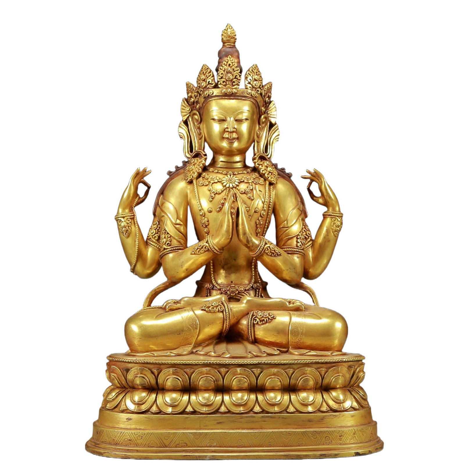 A Solemn Gilt Bronze Statue of Four-Armed Guanyin,With Inscription: A Solemn Gilt Bronze Statue of Four-Armed Guanyin,With Inscription,Qing Dynasty, China,Qianlong Seven-character Mark,Size:13inx8.7inx18.5in,Weight:14305g 铜鎏金四臂ෆ
