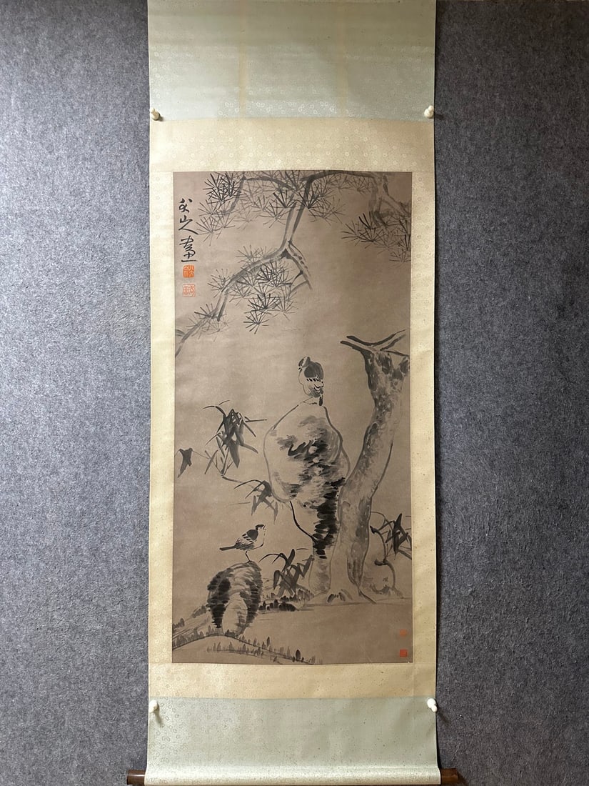 An Exquisite Chinese Vertical Scroll Ink Painting of Flower and Bird on Paper: An Exquisite Chinese Vertical Scroll Ink Painting of Flower and Bird on Paper,Ba Da,Size:54.3inx26.4in 一幅中国水墨花鸟画立轴,八
