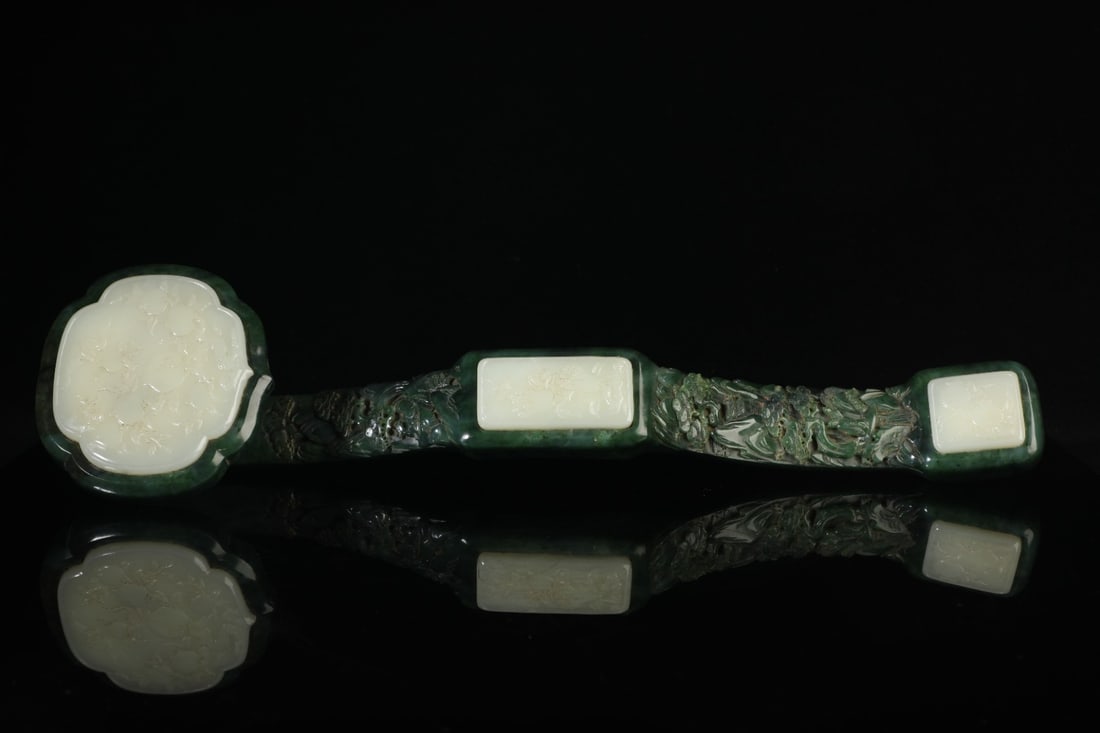 A Huge Jasper Inlaid White Jade Fruit Pattern Ruyi,with poem: A Huge Jasper Inlaid White Jade Fruit Pattern Ruyi,with poem,Qing Dynasty,China,Size:20.5inx5.1in,Weight:2317g