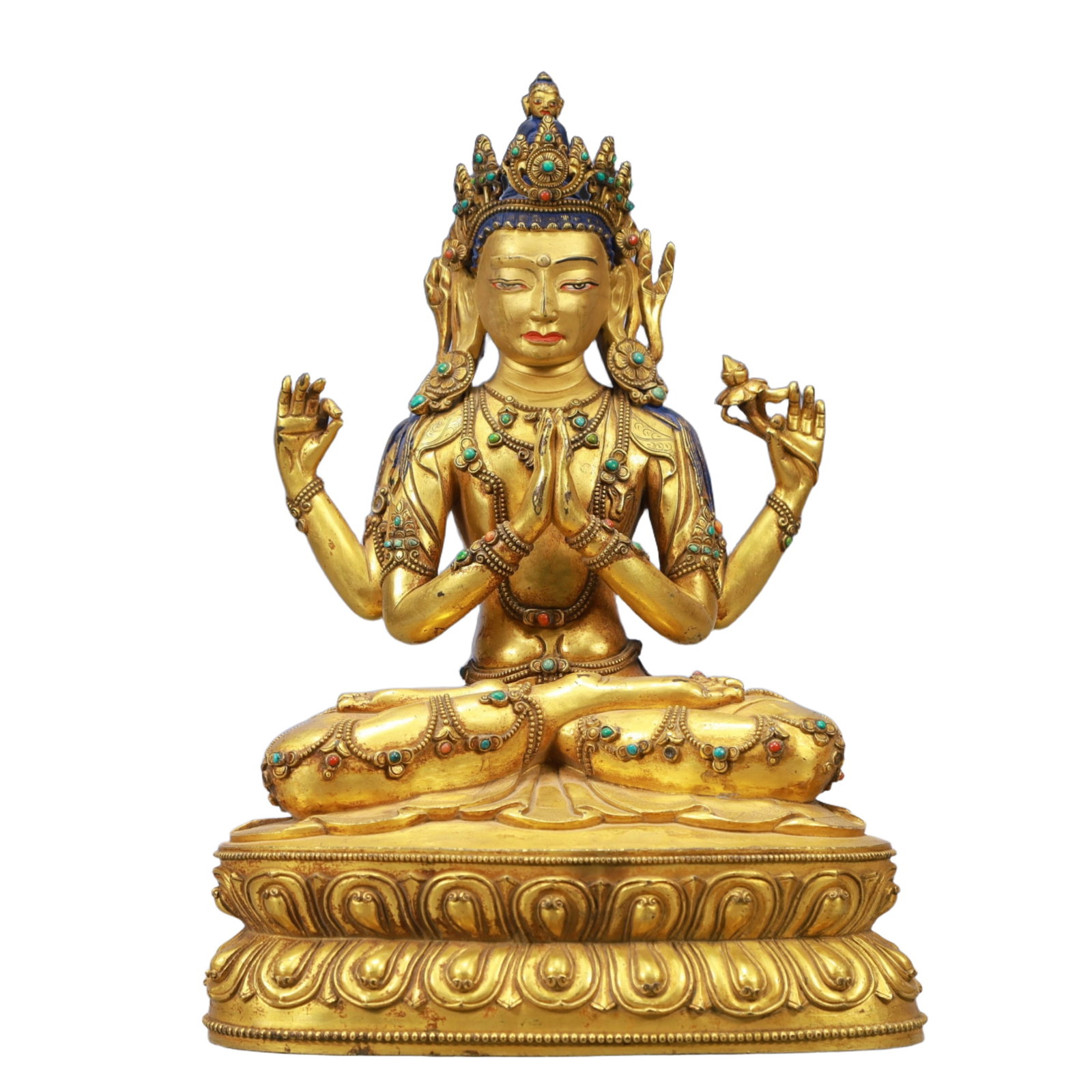 A Solemn Gilt Bronze Inlaid Gems Statue of Bodhisattva: A Solemn Gilt Bronze Inlaid Gems Statue of Bodhisattva,Ming Dynasty, China,Size:8.7inx5.9inx11.8in Weight:4250g
