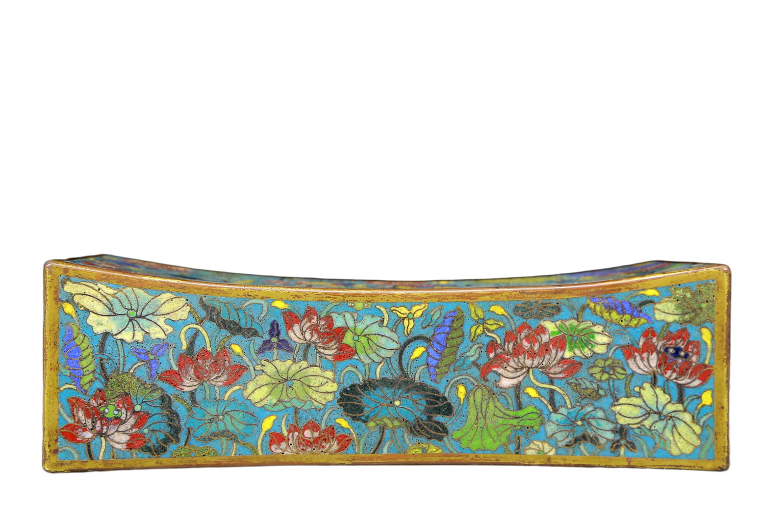 An Exquisite Cloisonne Lotus Pattern Pillow: An Exquisite Cloisonne Lotus Pattern Pillow,Qing Dynasty, China,Qianlong Four-character Mark,Size:11.4inx4.5inx3.5in,Weight:1810g