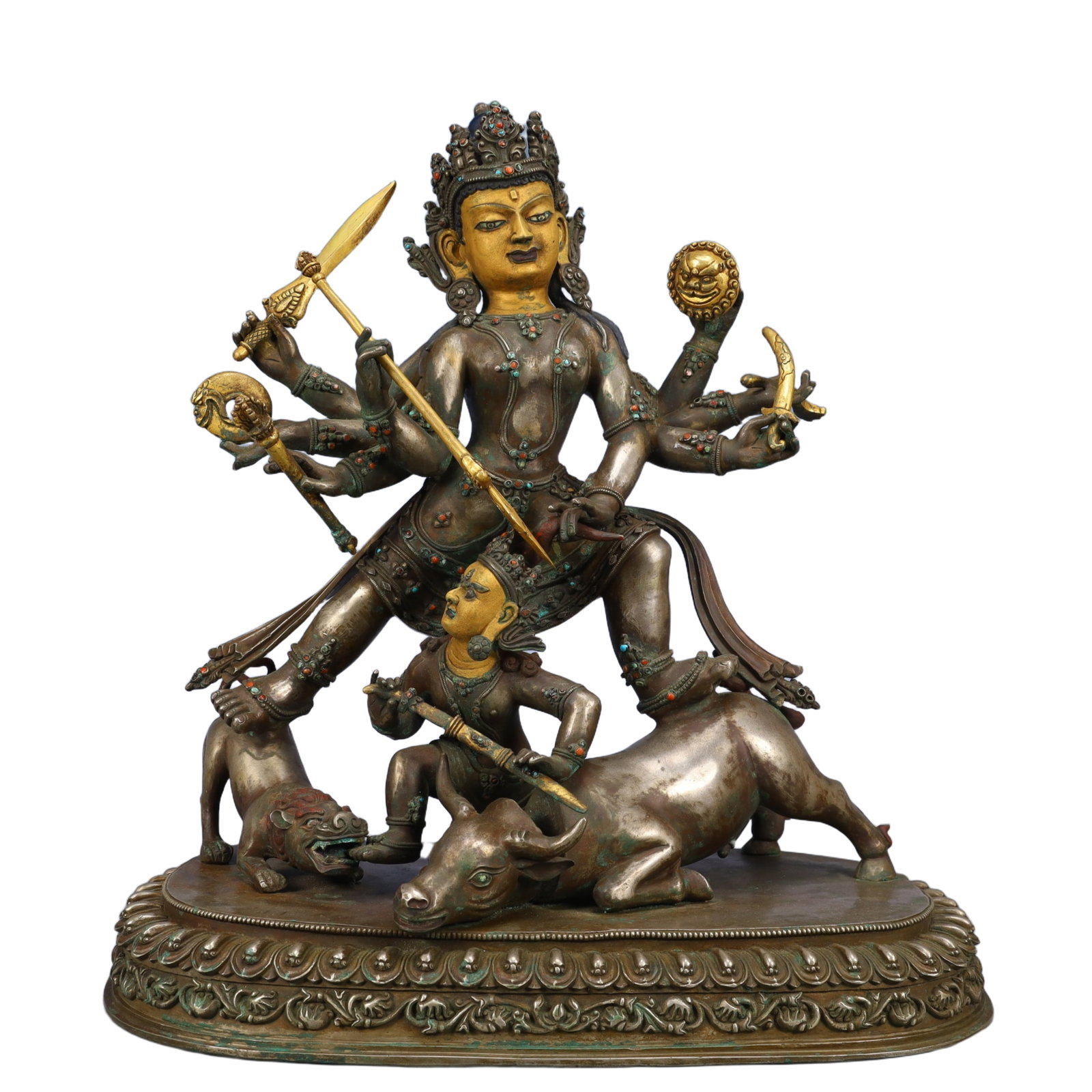 A Solemn Bronze Inlaid Gold and Silver Buddha Statue,Inlaid Gems and Turquoise: A Solemn Bronze Inlaid Gold and Silver Buddha Statue,Inlaid Gems and Turquoise,Qing Dynasty, China,Size:14.2inx7.5inx15in,Weight:9250g