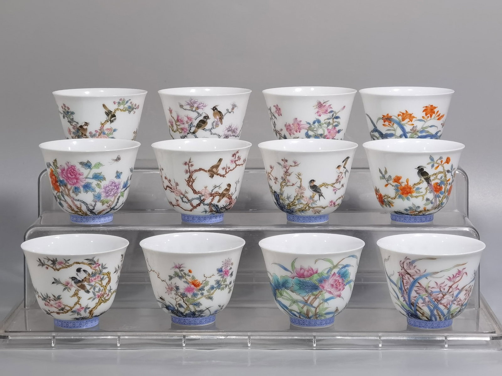 A Set of Fine Enamel Flower and Bird Pattern Cups,with poem: A Set of Fine Enamel Flower and Bird Pattern Cups,with poem,Qing Dynasty,China,Yongzheng Four-character Mark,Size:2.6inx2in 一套珐琅彩花鸟纹杯