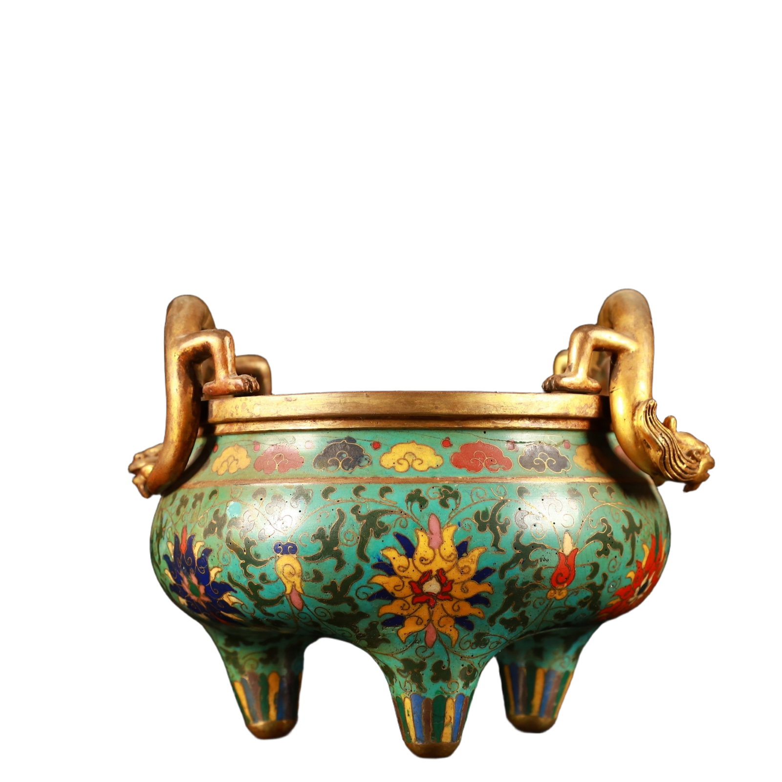 An Exquisite Cloisonne Lotus Pattern Dragon-Ears Tripod Censer: An Exquisite Cloisonne Lotus Pattern Dragon-Ears Tripod Censer,(A type of enamelware with metal wires separating colored glaze, originating in China),Ming Dynasty,China,Xuande Six-character