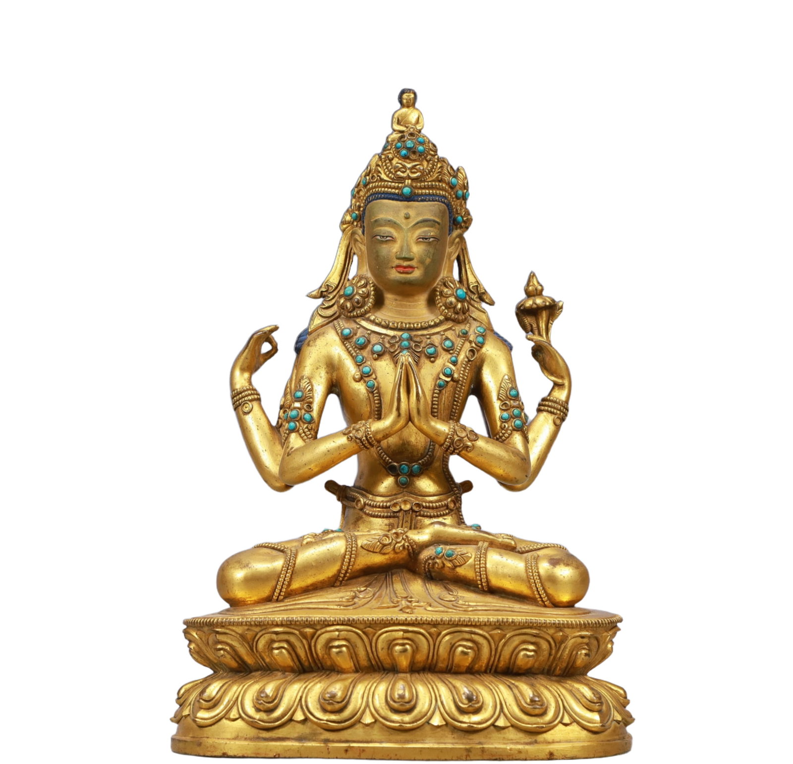 A Solemn Gilt Bronze Inlaid Gems Statue of Bodhisattva: A Solemn Gilt Bronze Inlaid Gems Statue of Bodhisattva,Ming Dynasty, China,Size:8.7inx5.9inx12.2in Weight:4300g 铜鎏金嵌宝石菩萨像,中国