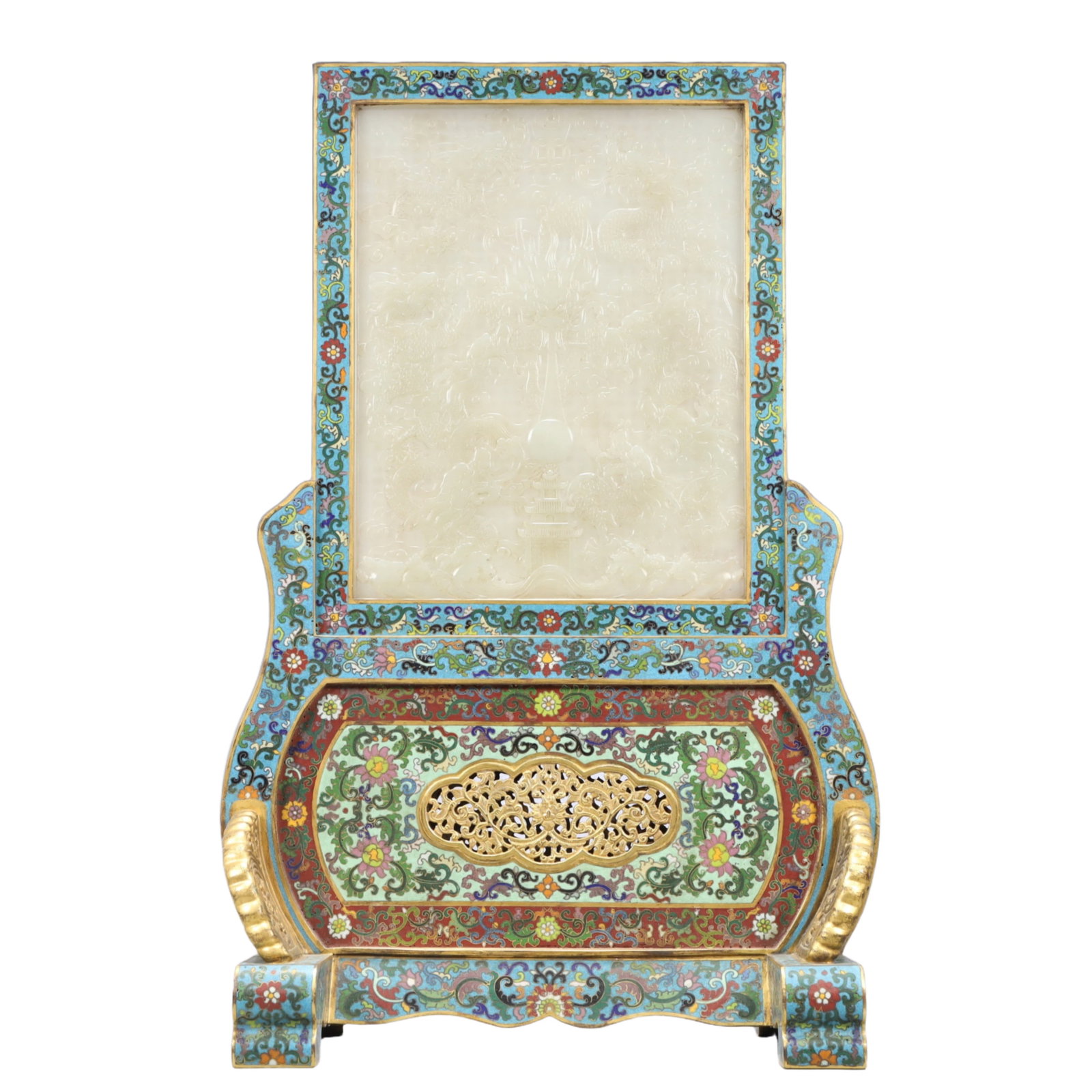 A Rare Cloisonne Inlaid White Jade Dragon Pattern Table Screen,with an Imperial Poem by Emperor: A Rare Cloisonne Inlaid White Jade Dragon Pattern Table Screen,with an Imperial Poem by Emperor Qianlong,Qing Dynasty, China,Qianlong Four-character Mark ,Size:13.8inx7.9inx23.4in,Weight:7800g 景