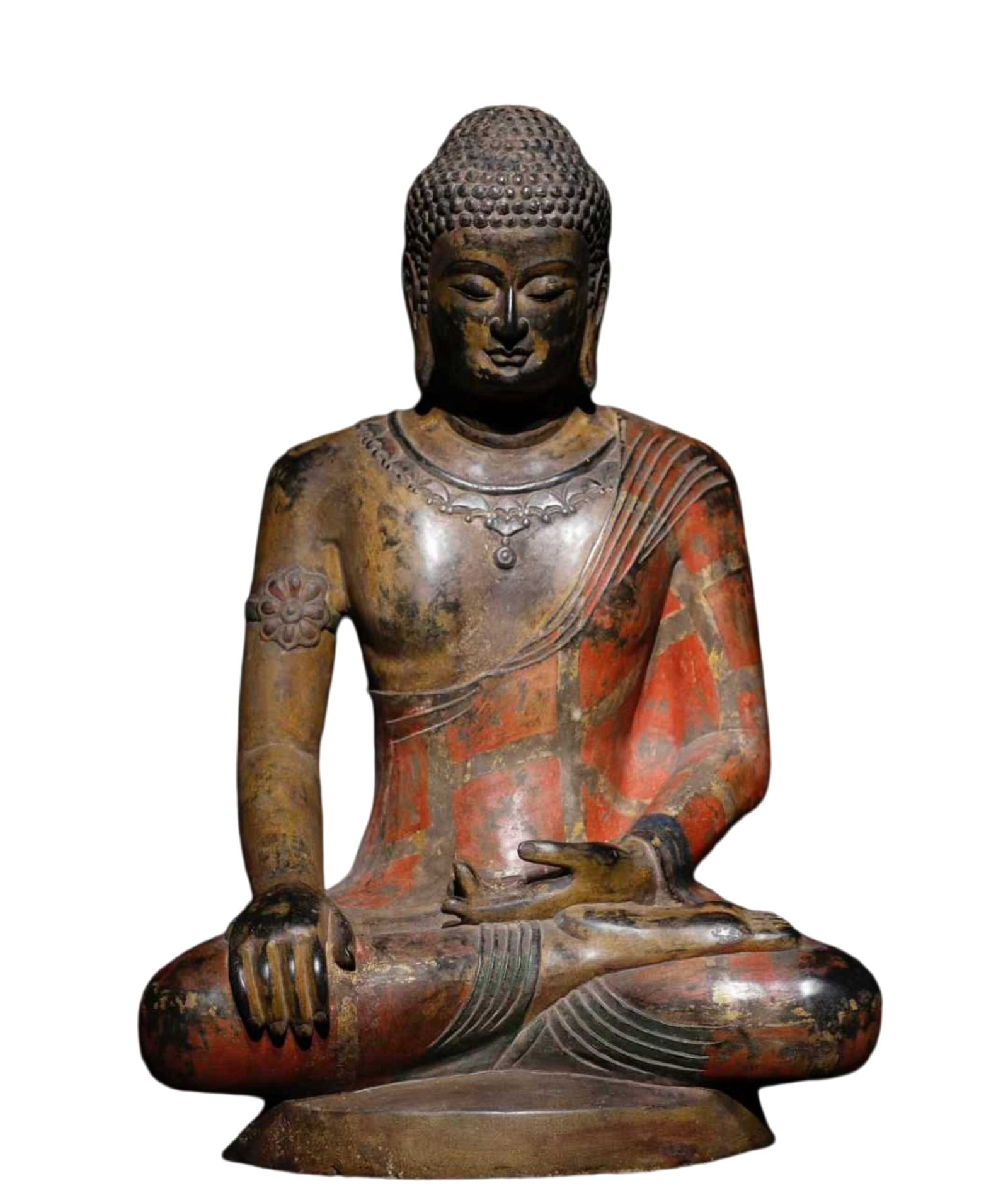 A Solemn Limestone Painted Color Statue of Sakyamuni: A Solemn Limestone Painted Color Statue of Sakyamuni,Tang Dynasty,China,Size:26.8inx18.1inx13.8in 青石彩绘释迦摩尼像,中国唐É