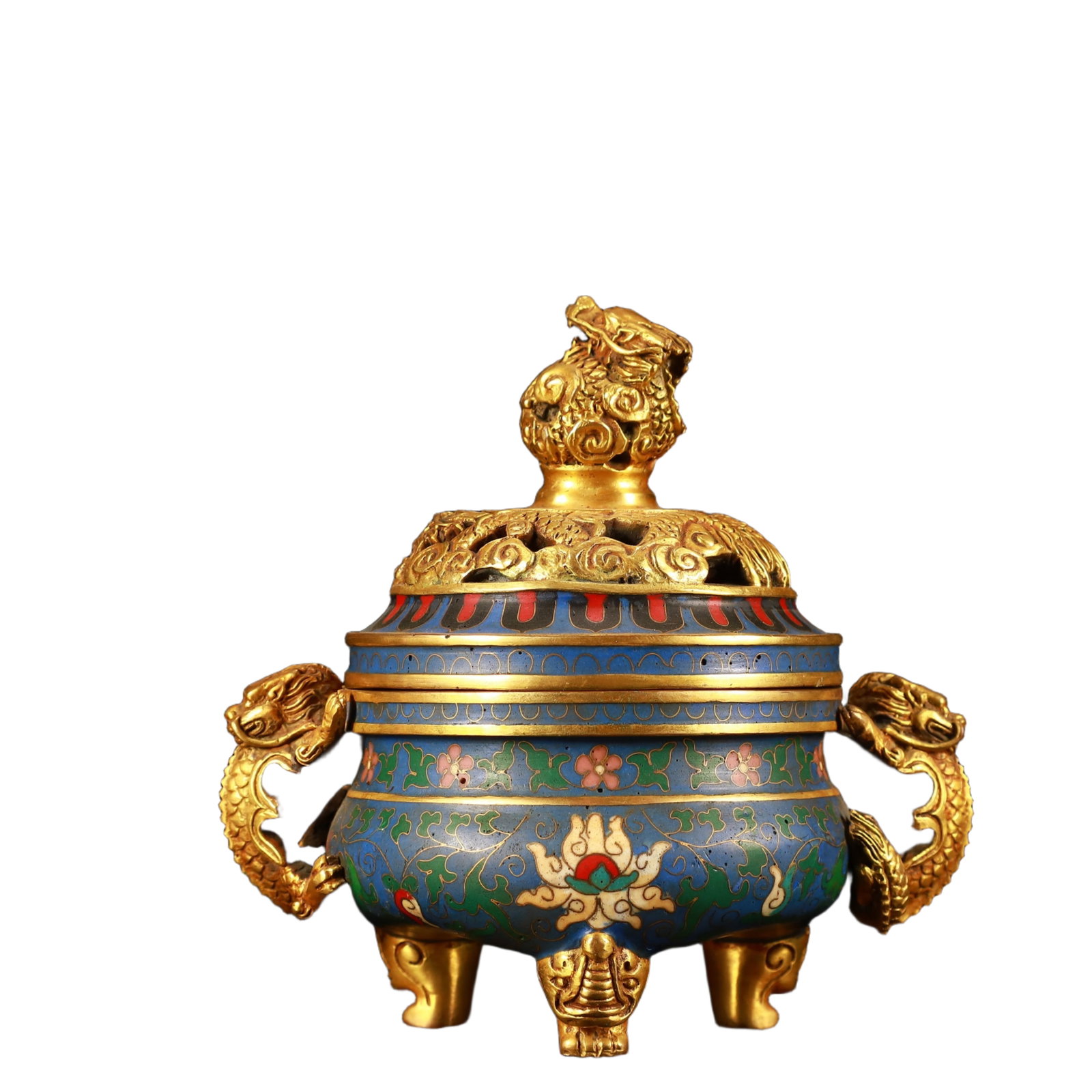 An Exquisite Cloisonne Flower Pattern Dragon-Ears Elephant-Legs Censer: An Exquisite Cloisonne Flower Pattern Dragon-Ears Elephant-Legs Censer,(A type of enamelware with metal wires separating colored glaze, originating in China),Qing Dynasty,China,Qianlong Six-character 