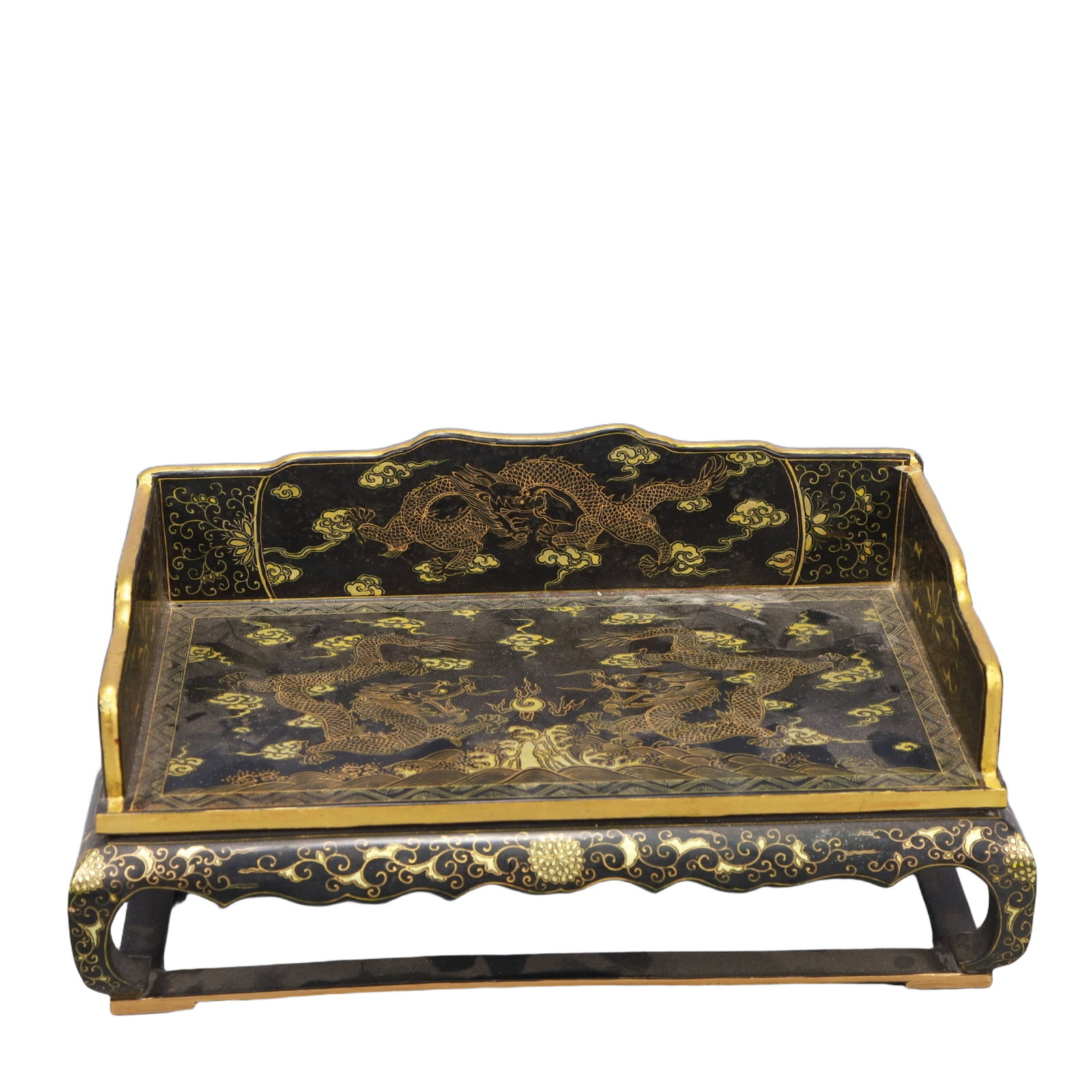 A Rare Wooden Lacquer Painted Gold Dragon Pattern Chair: A Rare Wooden Lacquer Painted Gold Dragon Pattern Chair,Qing Dynasty, China,Qianlong Four-character Mark,Size:12.6inx7.3inx5.9in,Weight:650g