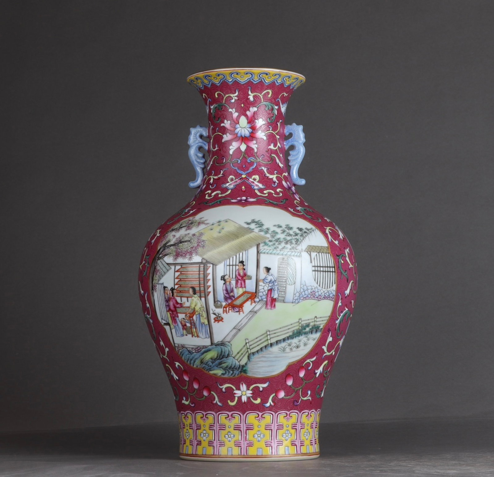A Rare Ruby Red-Glazed Enamel Character and Story Pattern Double-Ears Vase: A Rare Ruby Red-Glazed Enamel Character and Story Pattern Double-Ears Vase,Qing Dynasty,China,Qianlong Six-character Mark,Size:12.7inx7.3in 胭脂红珐琅彩人