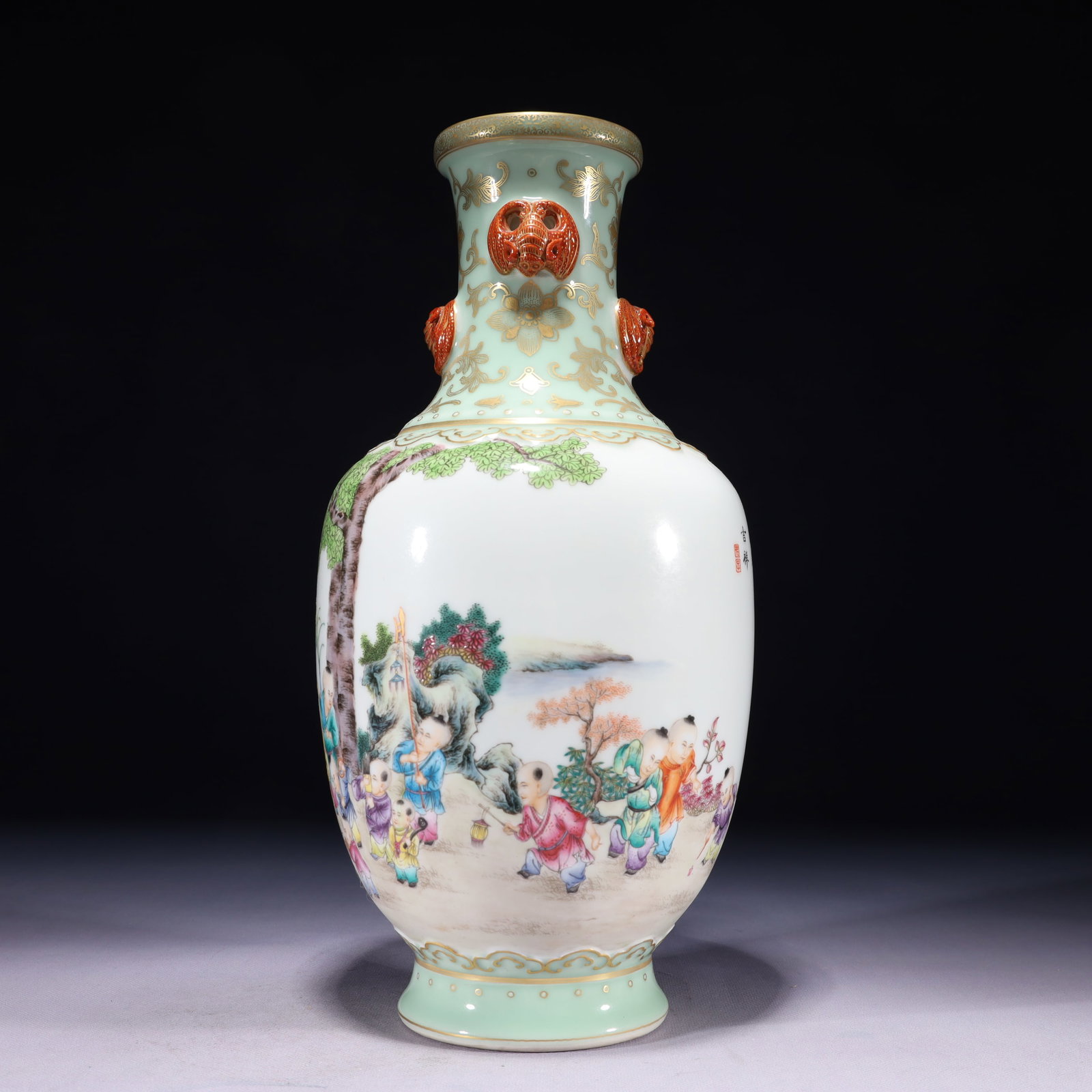 An Exquisite Green Ground Famille-Rose Painted Gold Character and Story Pattern Beast-Ears Vase,with: An Exquisite Green Ground Famille-Rose Painted Gold Character and Story Pattern Beast-Ears Vase,with poem