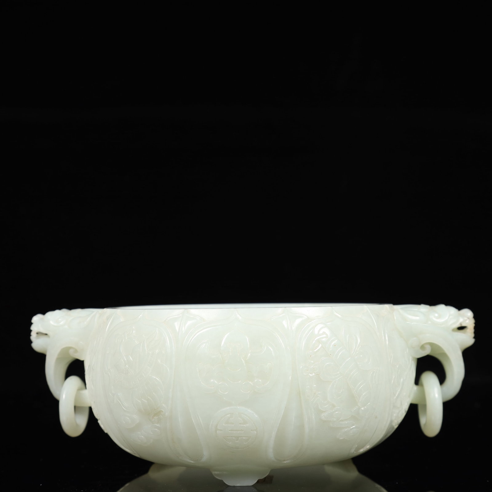 An Exquisite White Jade Eight Treasures Pattern Beast-Ears Tripod Brush Washer: An Exquisite White Jade Eight Treasures Pattern Beast-Ears Tripod Brush Washer,Qing Dynasty, China,Qianlong Four-character Mark,Size:7.9inx5.1inx2.8in,Weight:250g 白玉八宝ń