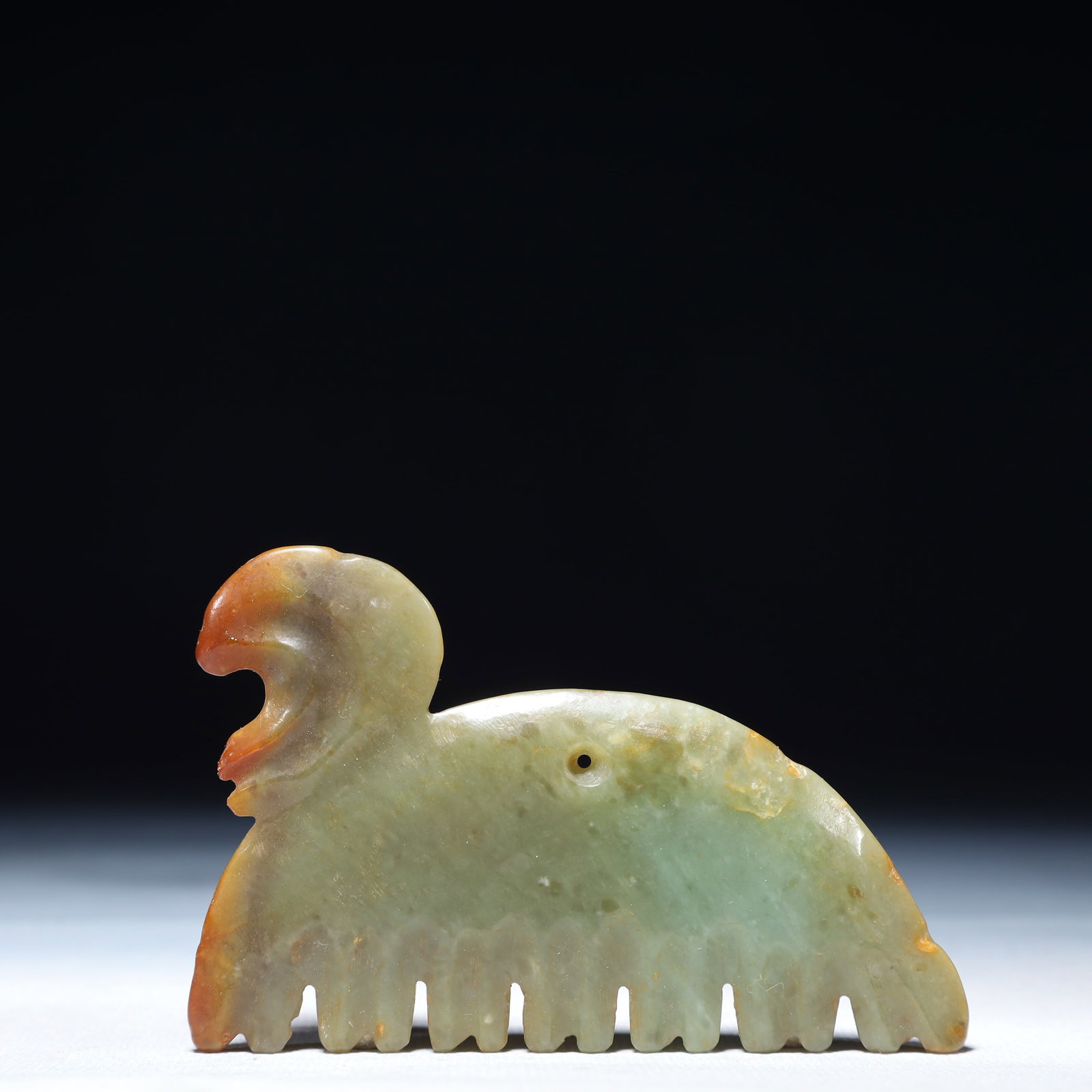 An Archaic Hongshan Culture Green Jade Pendant: An Archaic Hongshan Culture Green Jade Pendant,Ancient Time,China,Size:3.7inx2.4in,Weight:2.24g 红山文化青玉挂件,中国新石器