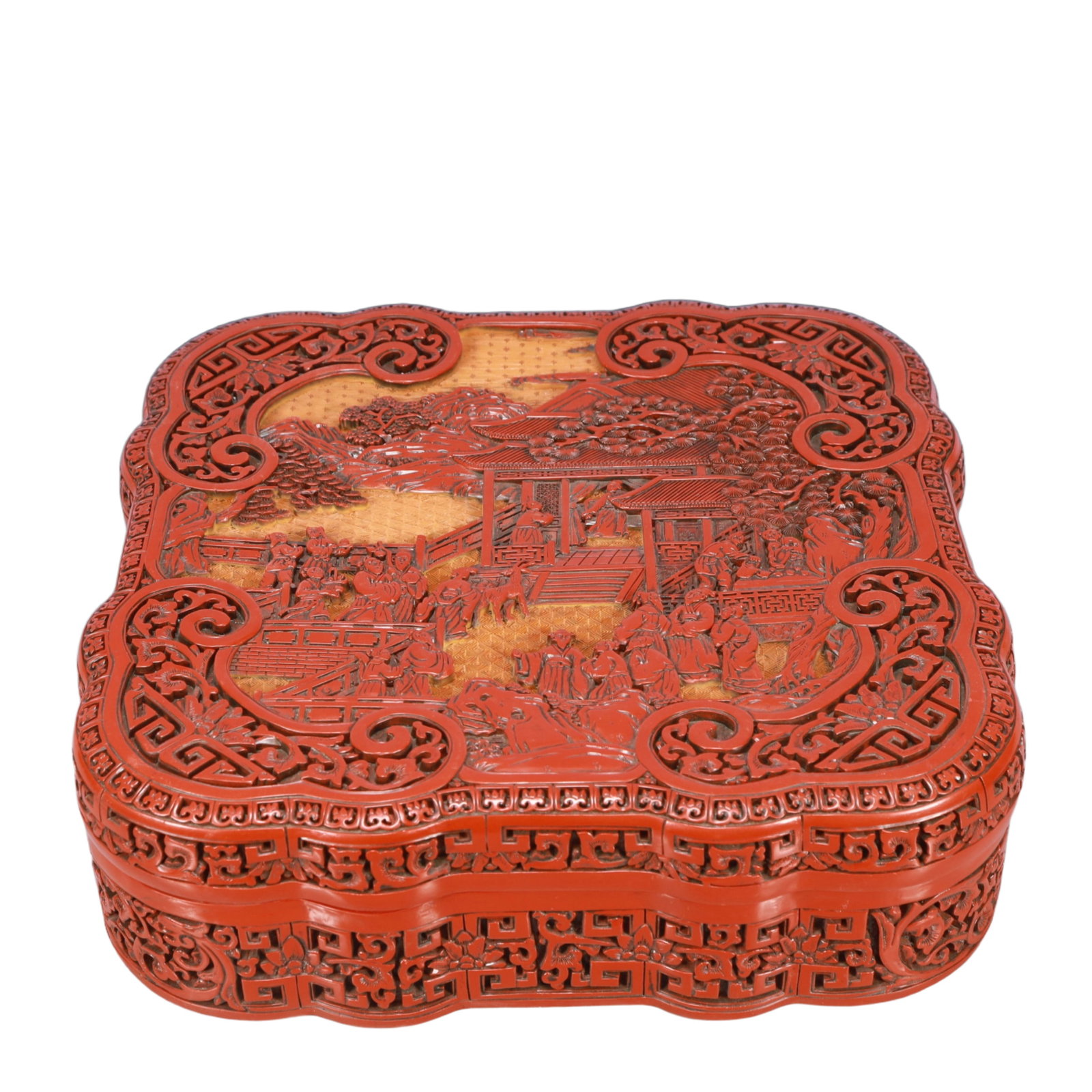A Huge Carved Red Lacquer Landscape and Figure Pattern Cover Box: A Huge Carved Red Lacquer Landscape and Figure Pattern Cover Box,Qing Dynasty, China,Qianlong Six-character Mark,Size:15.7inx4.3in,Weight:6350g 剔红漆器山水人