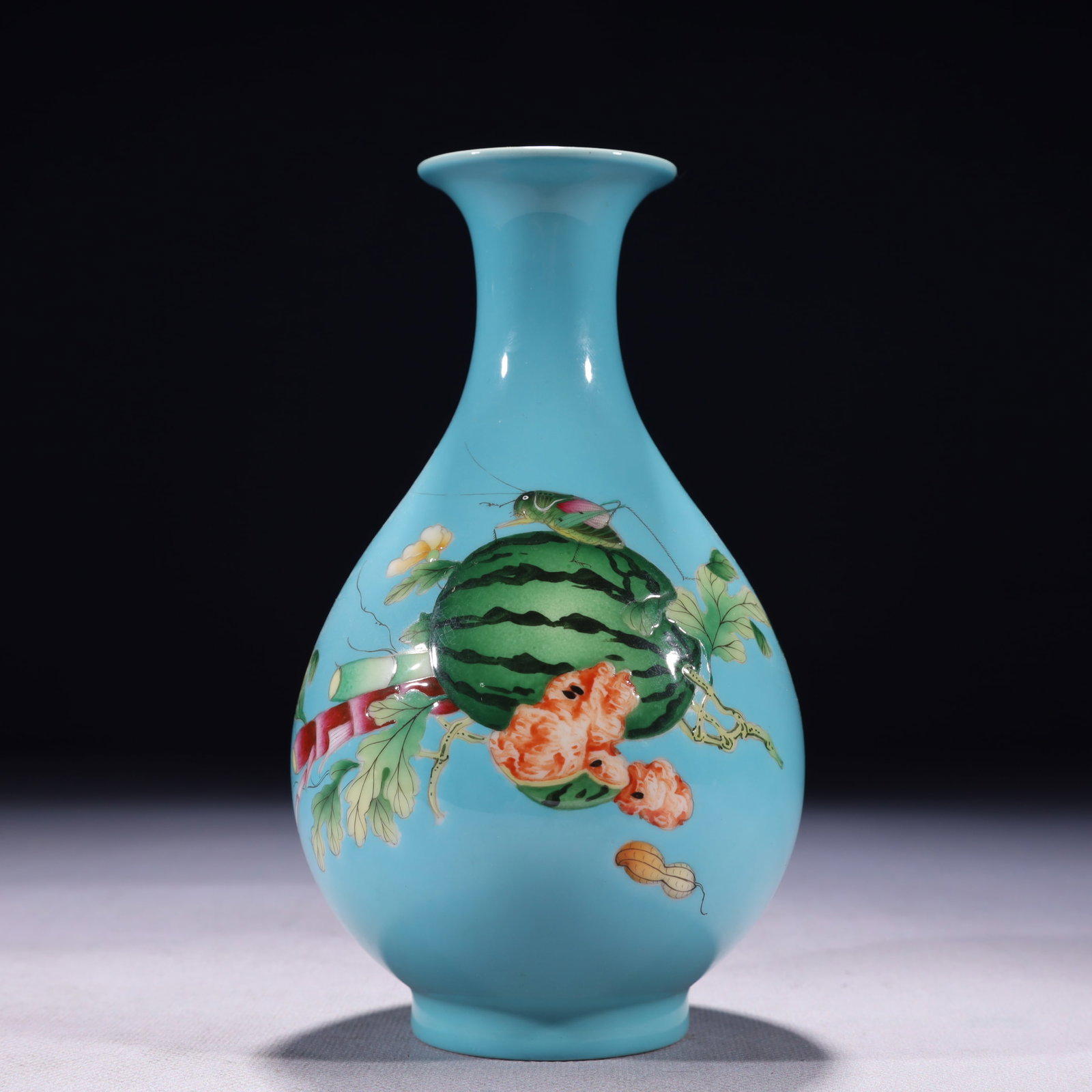 An Exquisite Turquoise Glazed Enamel Vegetables and Fruits Pattern Vase,with poem: An Exquisite Turquoise Glazed Enamel Vegetables and Fruits Pattern Vase,with poem,Qing Dynasty,China,Yongzheng Four-character Mark,Size:3.5inx6.7in,Weight:500g 松石绿釉珐