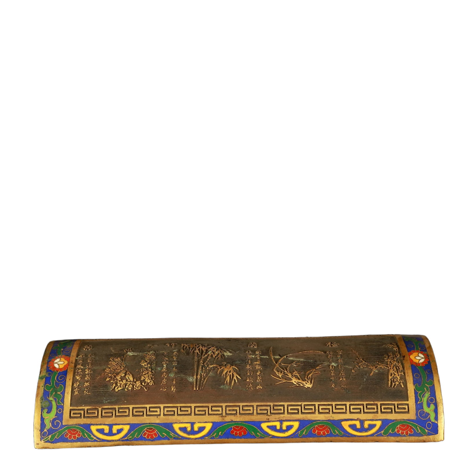 An Exquisite Cloisonne Plum Blossom,Orchid Bamboo and Chrysanthemum Pattern Paper Weight: An Exquisite Cloisonne Plum Blossom,Orchid Bamboo and Chrysanthemum Pattern Paper Weight,(A type of enamelware with metal wires separating colored glaze, originating in China),Qing Dynasty,China,Size:
