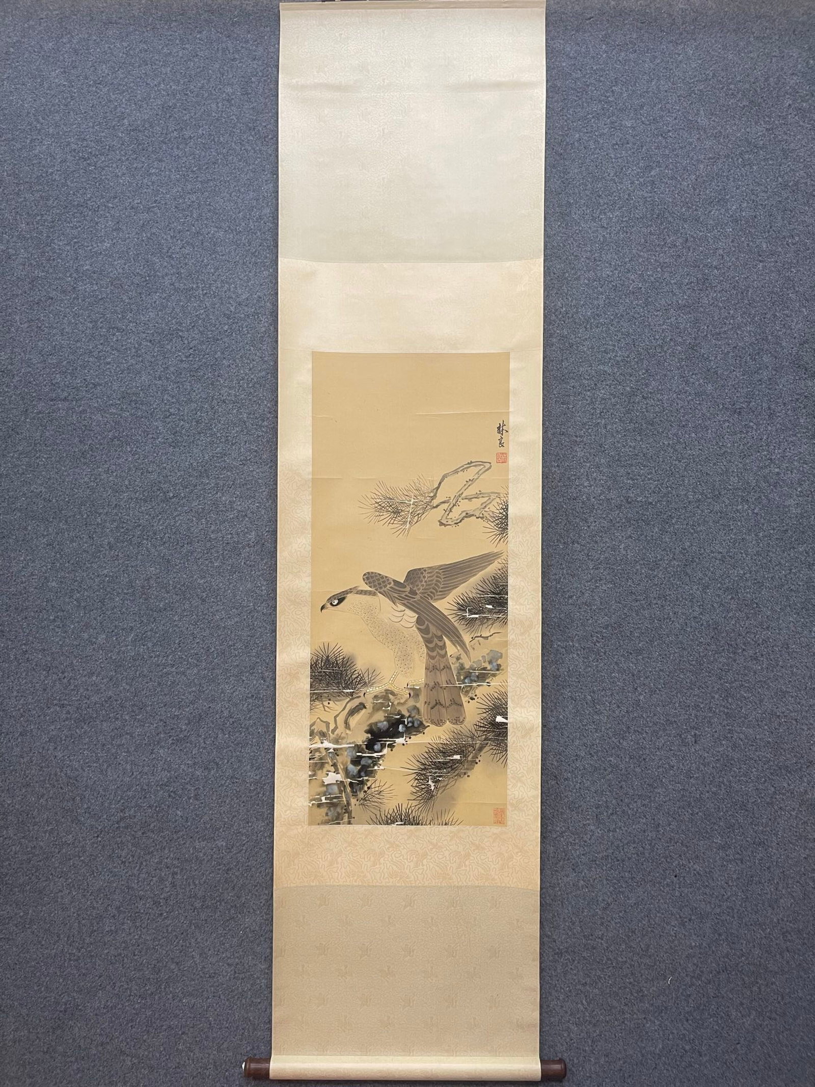 A Chinese Vertical Scroll Ink Painting of Pine and Eagle on Silk (1 of 9)