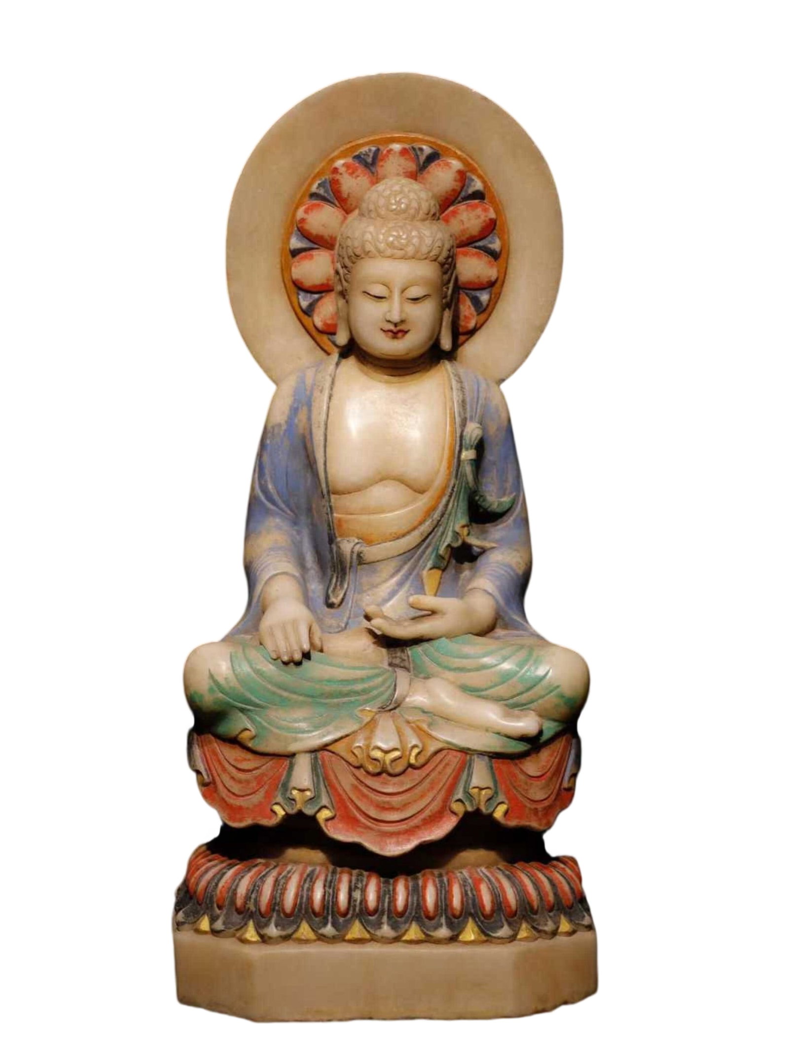 A Solemn Marble Painted Color Statue of Sakyamuni: A Solemn Marble Painted Color Statue of Sakyamuni,Tang Dynasty,China,Size:26.8inx12.6inx9.8in 汉白玉彩绘释迦摩尼像,中国唐&