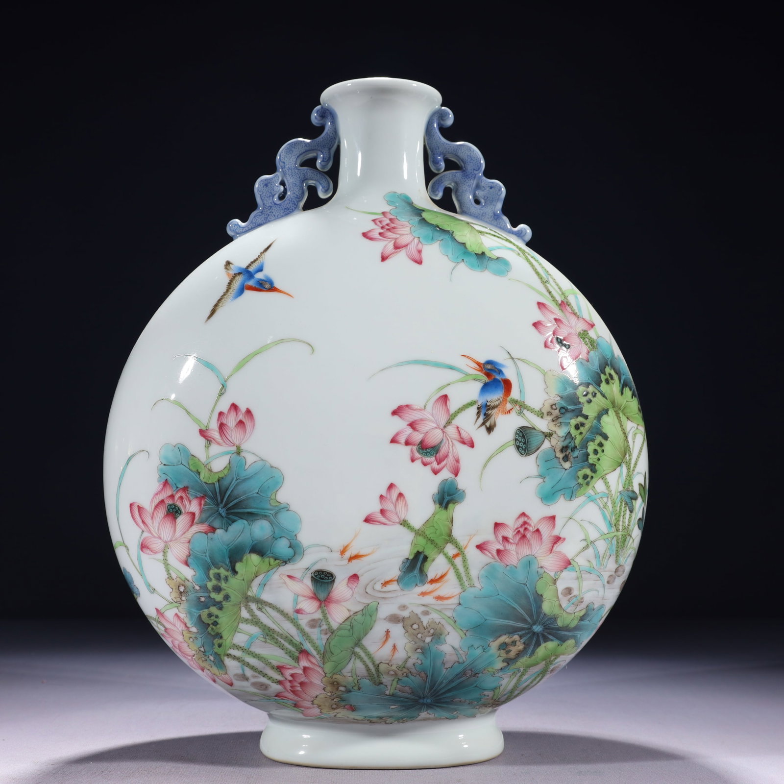An Exquisite Famille-Rose Painted Gold Flower and Bird Pattern Double-Ears Vase,with poem: An Exquisite Famille-Rose Painted Gold Flower and Bird Pattern Double-Ears Vase,with poem,Qing Dynasty,China,Qianlong Six-character Mark,Size:9.8inx5.1inx13.4in,Weight:3450g 粉彩描&#