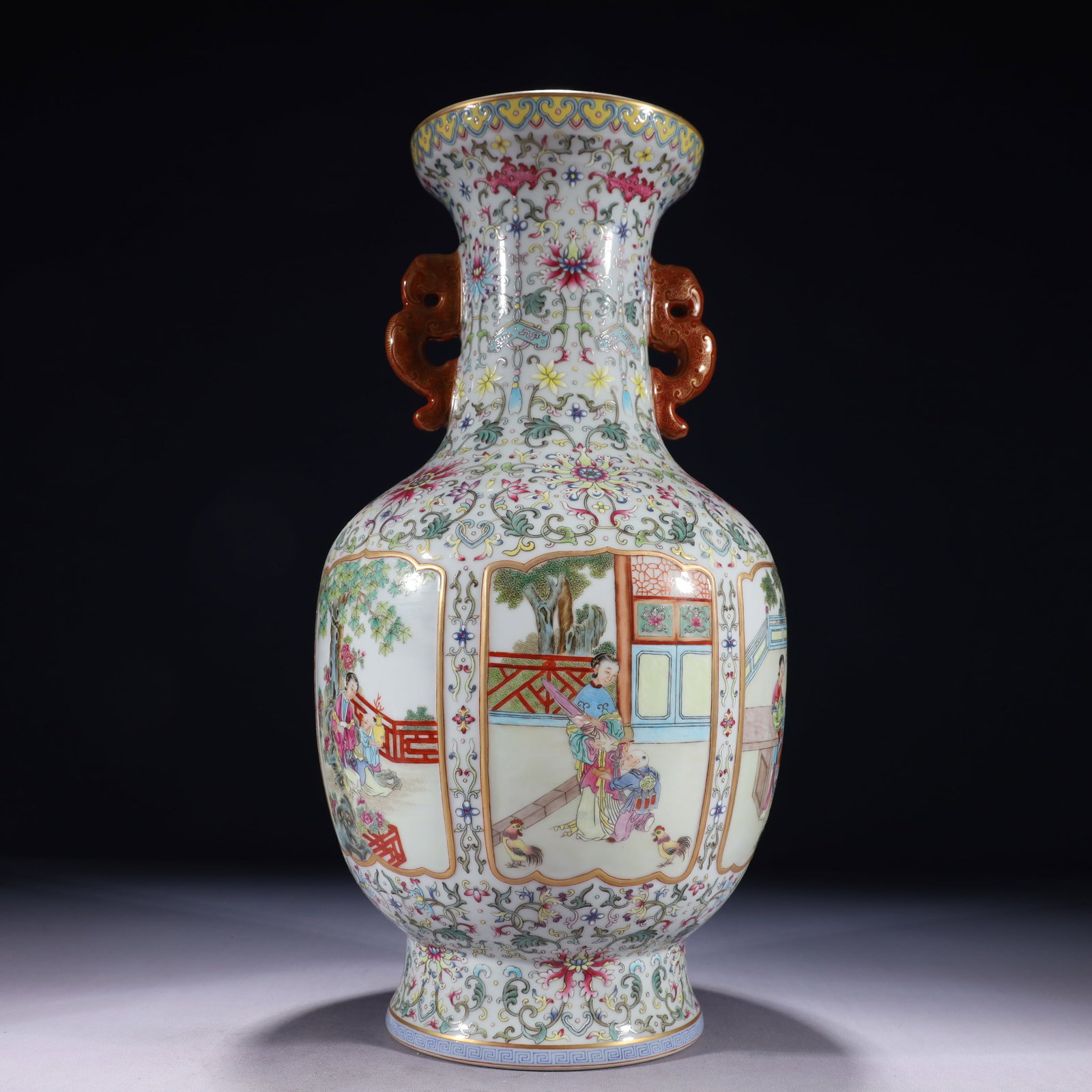 An Exquisite Famille-Rose Painted Gold Character and Story Pattern Double-Ears Vase: An Exquisite Famille-Rose Painted Gold Character and Story Pattern Double-Ears Vase,Qing Dynasty,China,Size:8.3inx17.7in,Weight:5150g