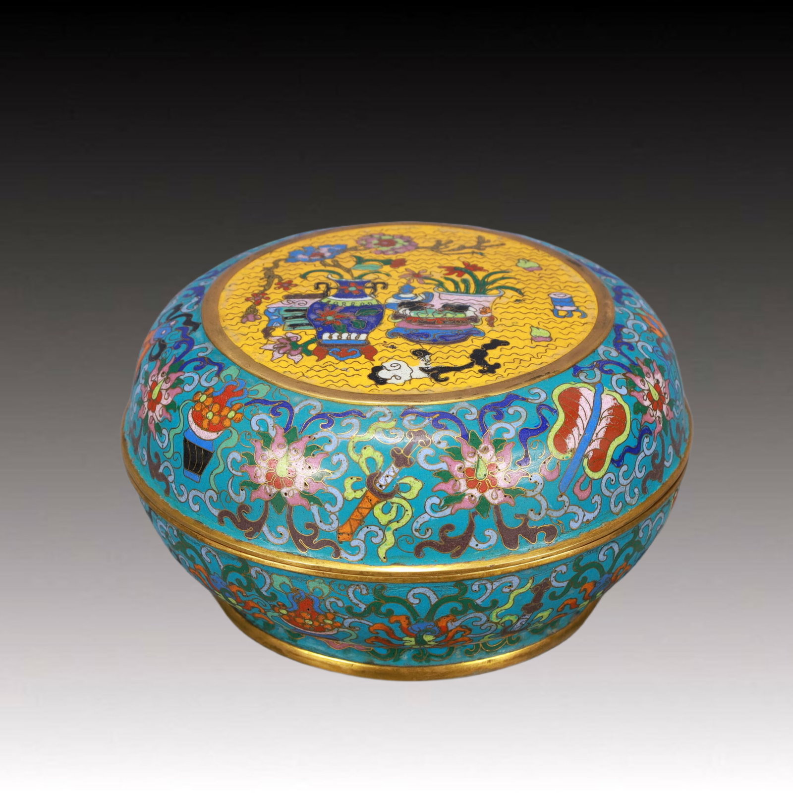 An Exquisite Cloisonne Lotus and Eight Treasures Pattern Cover Box: An Exquisite Cloisonne Lotus and Eight Treasures Pattern Cover Box,Qing Dynasty,China,Qianlong Four-character Mark,Size:4.7inx7.9in,Weight:1550g