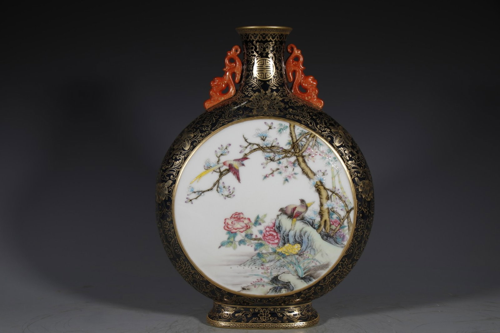 A Rare Ji Blue Glazed Famille-Rose Painted Gold Flower and Bird Pattern Double-Ears Vase: A Rare Ji Blue Glazed Famille-Rose Painted Gold Flower and Bird Pattern Double-Ears Vase,Qing Dynasty,China,Qianlong Four-character Mark,Size:14.2inx5.5in