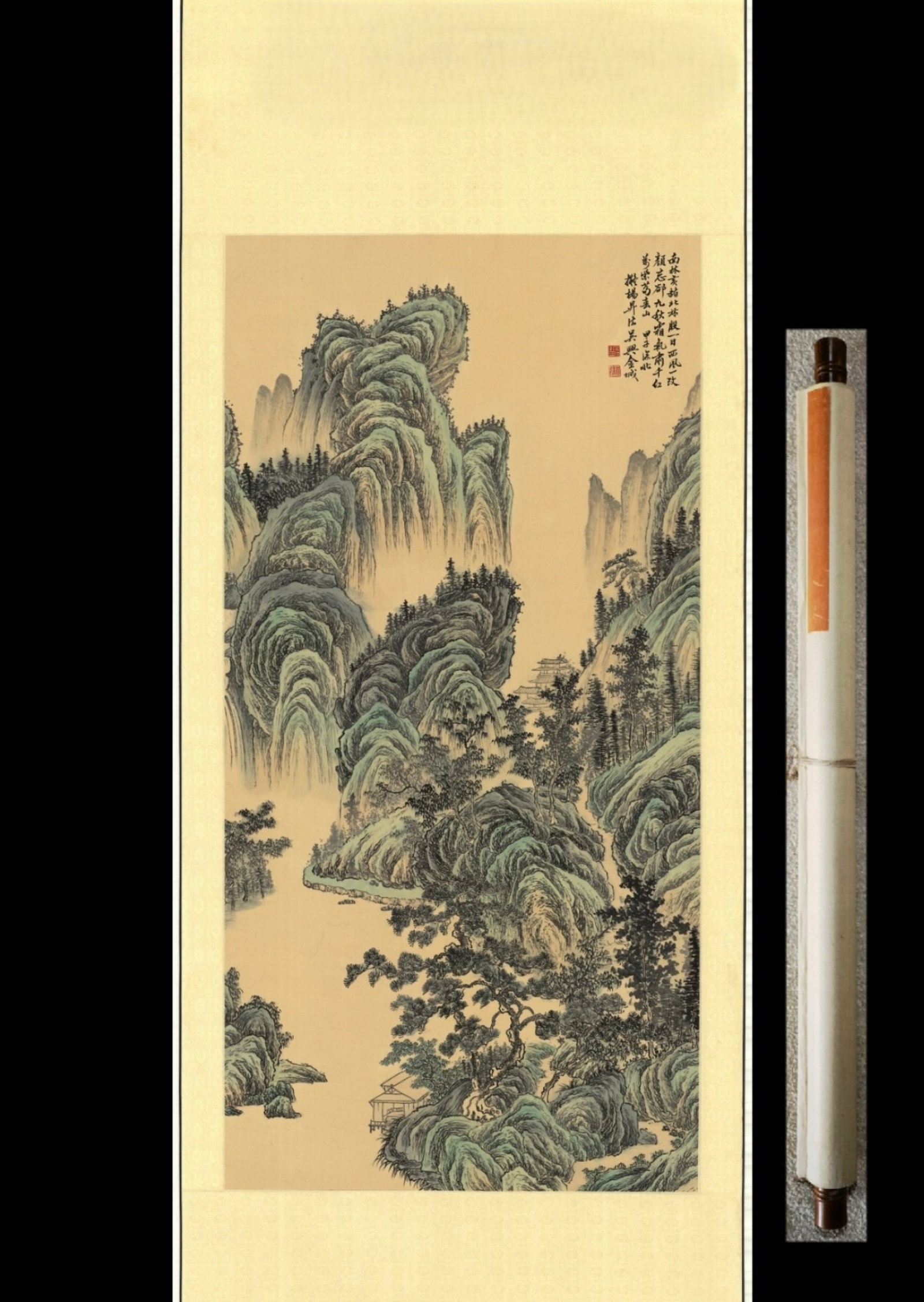 A Chinese Vertical Scroll Ink Painting of Landscape on Paper: A Chinese Vertical Scroll Ink Painting of Landscape on Paper,Jin Cheng,Size:(Entirety)90.6inx32.3in,(Without Frame)53.1inx26.8in 一幅中国水墨山水画