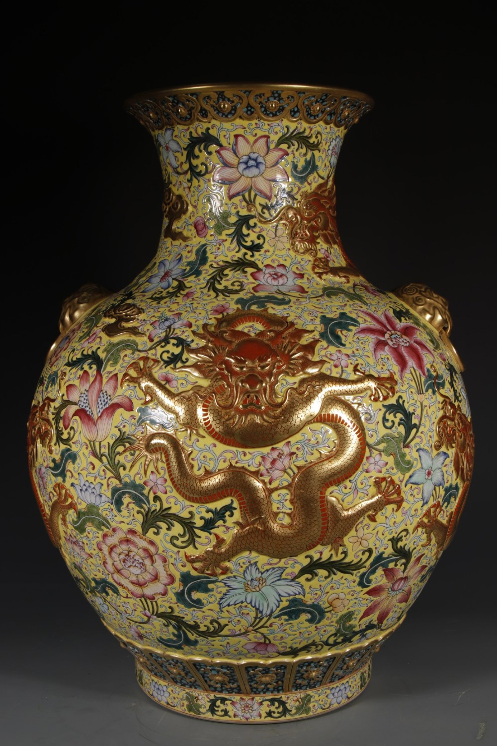 A Huge Yellow Ground Enamel Lotus and Dragon Pattern Beast-Ears Vase: A Huge Yellow Ground Enamel Lotus and Dragon Pattern Beast-Ears Vase,Qing Dynasty,China,Qianlong Four-character Mark,Size:24inx10.2in 黄地珐琅彩缠枝莲&#