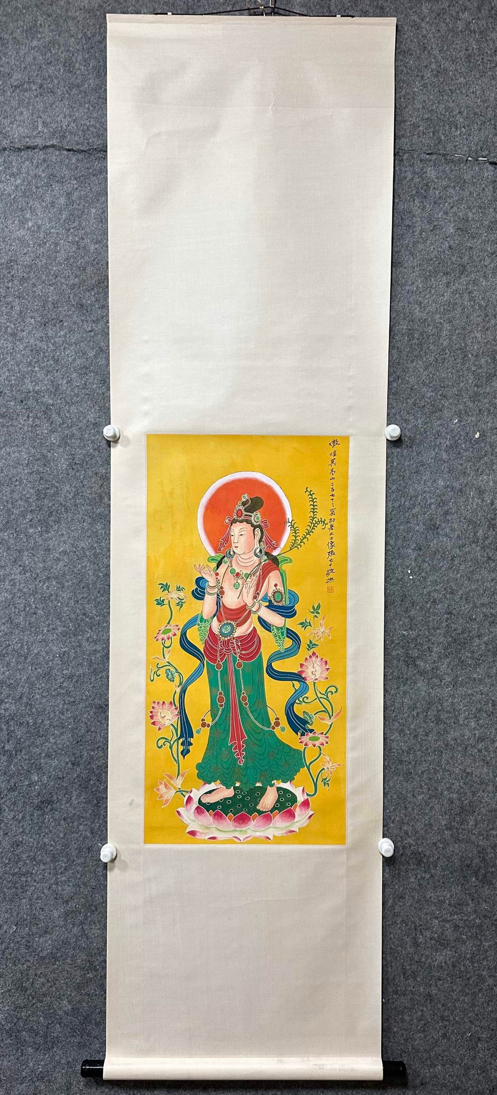 A Chinese Vertical Scroll Ink Painting of Buddha Statue on Silk: A Chinese Vertical Scroll Ink Painting of Buddha Statue on Silk,Zhang Daqian,Size:16.7inx33.9in 一幅中国水墨绢本佛像画立轴
