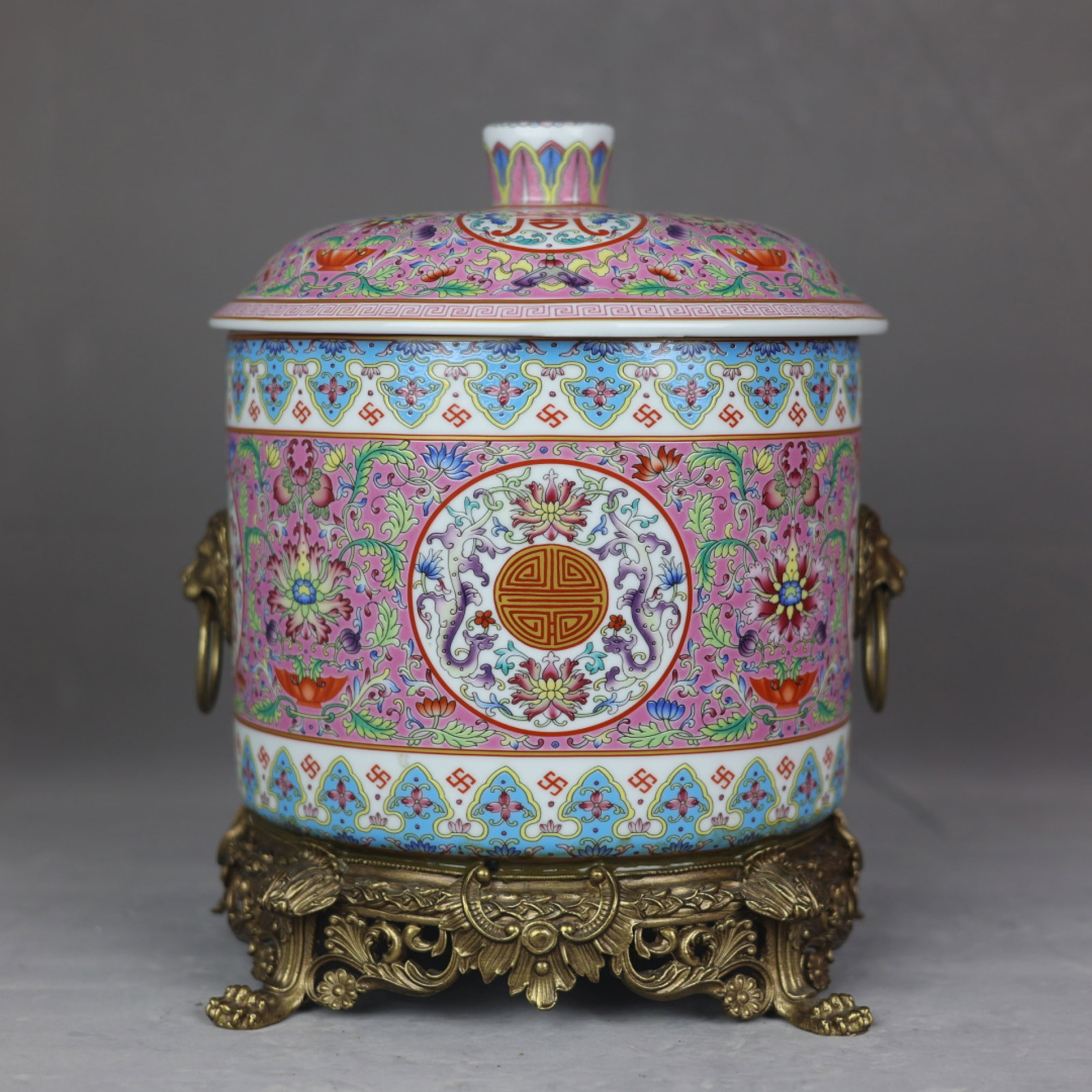 A Huge Famille-Rose Inlaid Bronze Lotus Pattern Beast-Ears Jar with Cover: A Huge Famille-Rose Inlaid Bronze Lotus Pattern Beast-Ears Jar with Cover,Qing Dynasty,China,Qianlong Four-character Mark,Size:16.9inx11.8in 粉彩镶铜缠枝莲