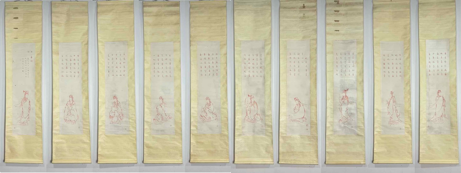 A Set of Chinese Vertical Scroll Ink Statue of Avalokitesvara on Paper: A Set of Chinese Vertical Scroll Ink Statue of Avalokitesvara on Paper,Li Shutong,Size:(entirety)89.8inx20.5in,(Without frame)53.1inx13in