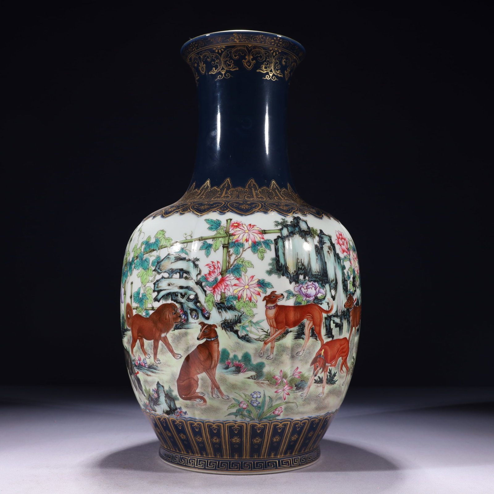 An Exquisite Enamel Painted Gold Dog Pattern Vase,with poem: An Exquisite Enamel Painted Gold Dog Pattern Vase,with poem,Qing Dynasty,China,Yongzheng Four-character Mark,Size:7.9inx15.6in,Weight:3250g