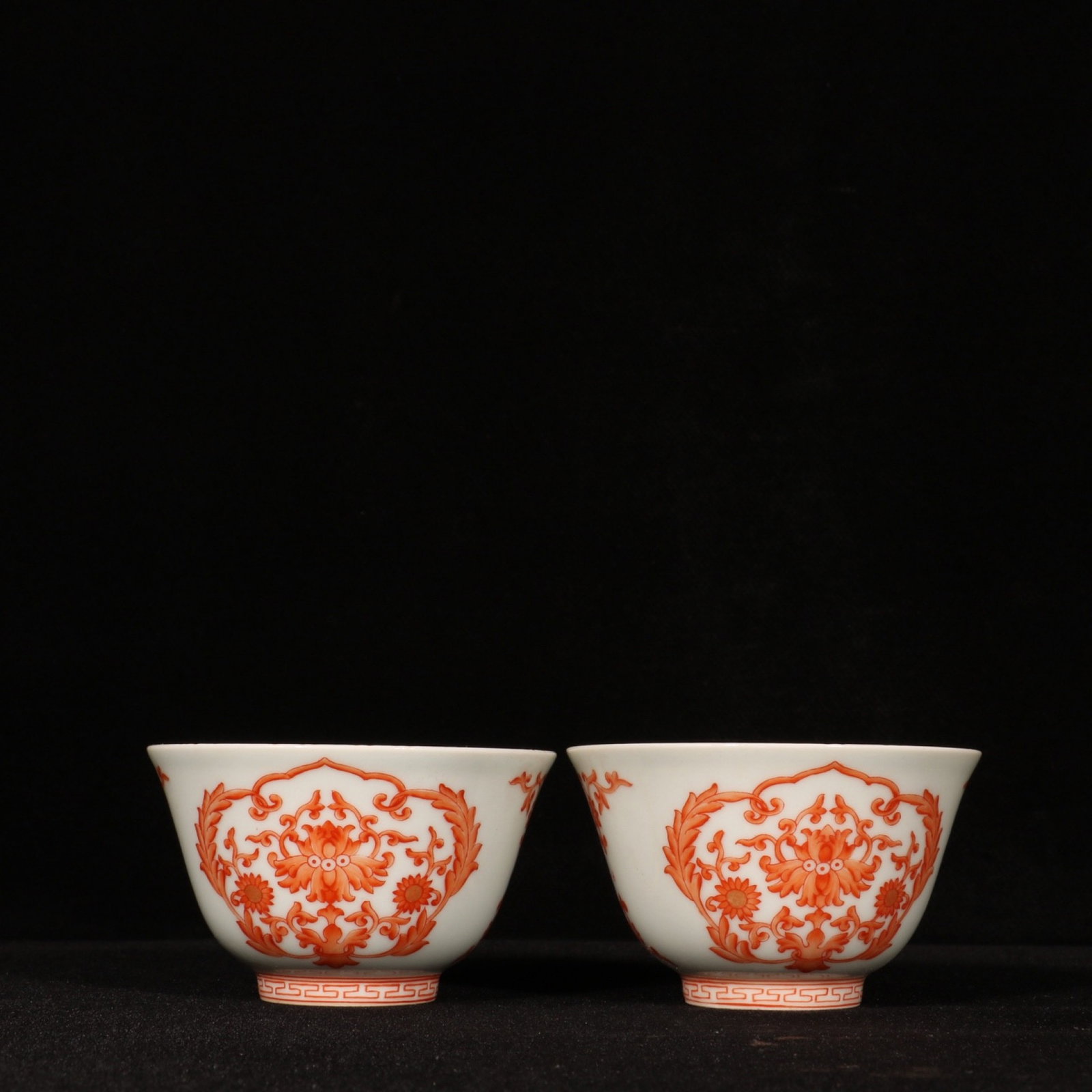 A Pair of Exquisite Iron-Red Lotus Pattern Cups: A Pair of Exquisite Iron-Red Lotus Pattern Cups,Qing Dynasty,China,Yongzheng Four-character Mark,Size:2inx3.3in 一对矾红缠枝莲纹杯子,中