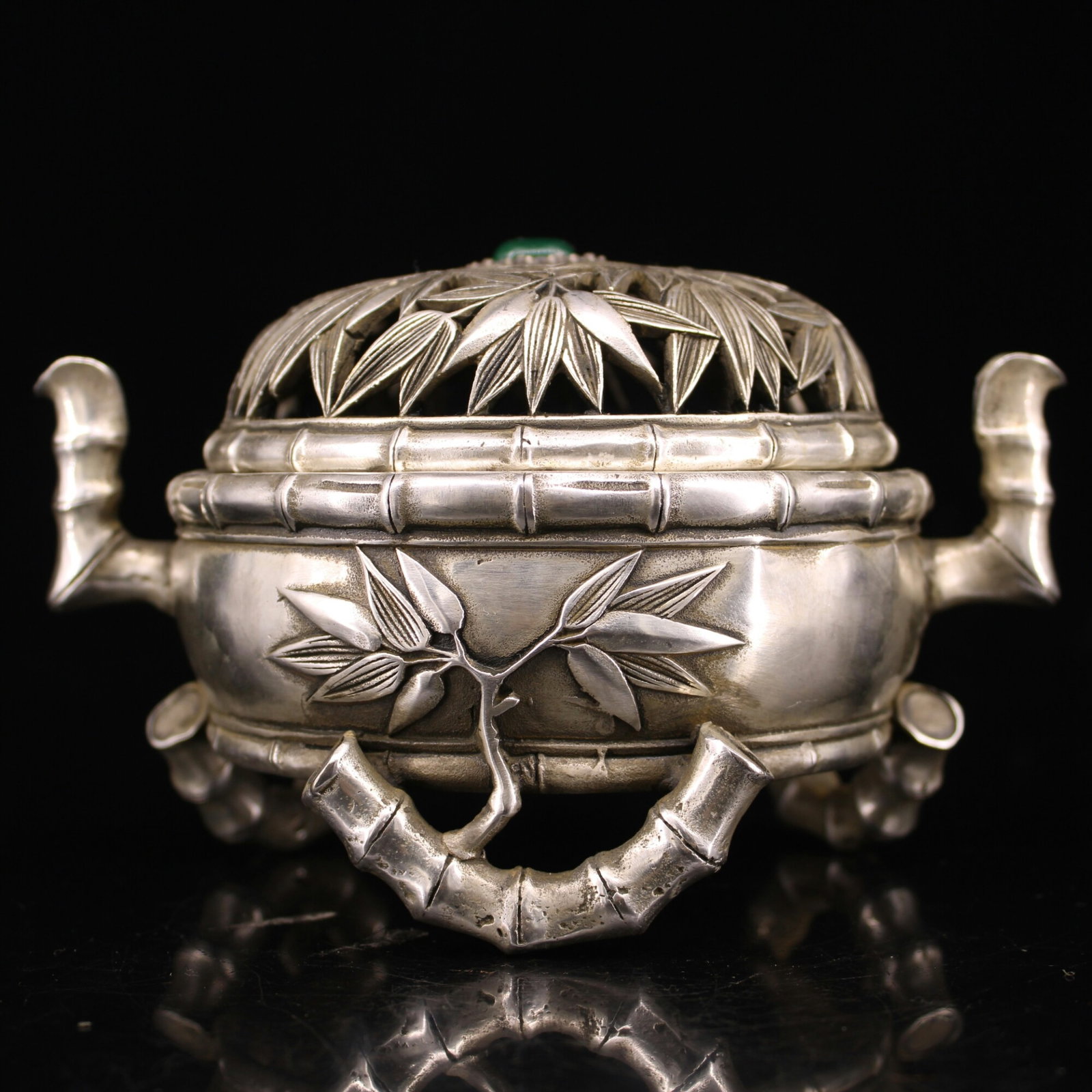 An Exquisite Silver Bronze Bamboo Pattern Double-Ears and Tripod Censer,Inlaid Turquoise: An Exquisite Silver Bronze Bamboo Pattern Double-Ears and Tripod Censer,Inlaid Turquoise,Qing Dynasty,China,With Mark,Size:3.7inx6.3in ,Weight:989g