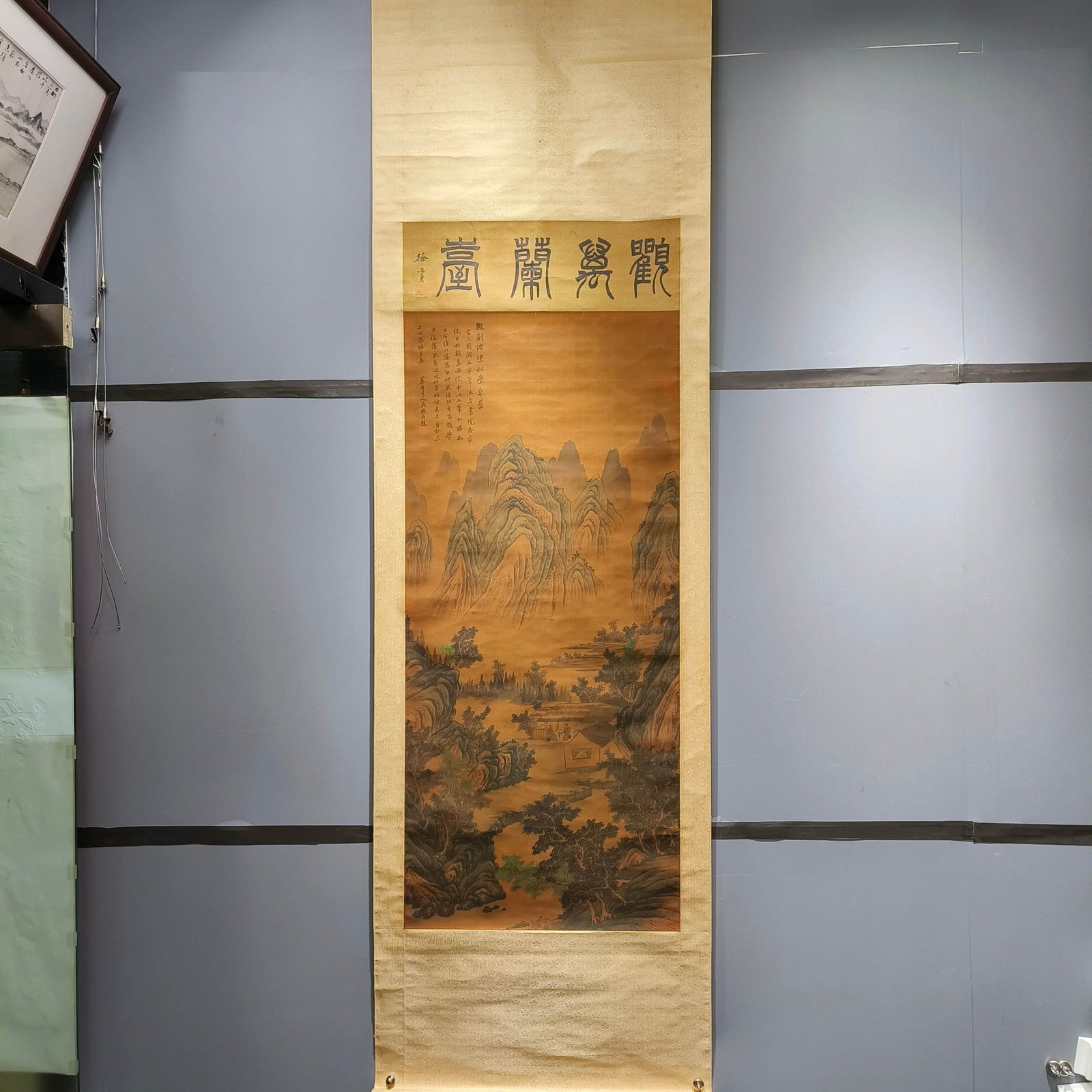 A Chinese Vertical Scroll Ink Painting of Landscape on Paper: A Chinese Vertical Scroll Ink Painting of Landscape on Paper,Wu Li,Size:62.2inx24.4in 一幅中国水墨山水画立轴,吴历
