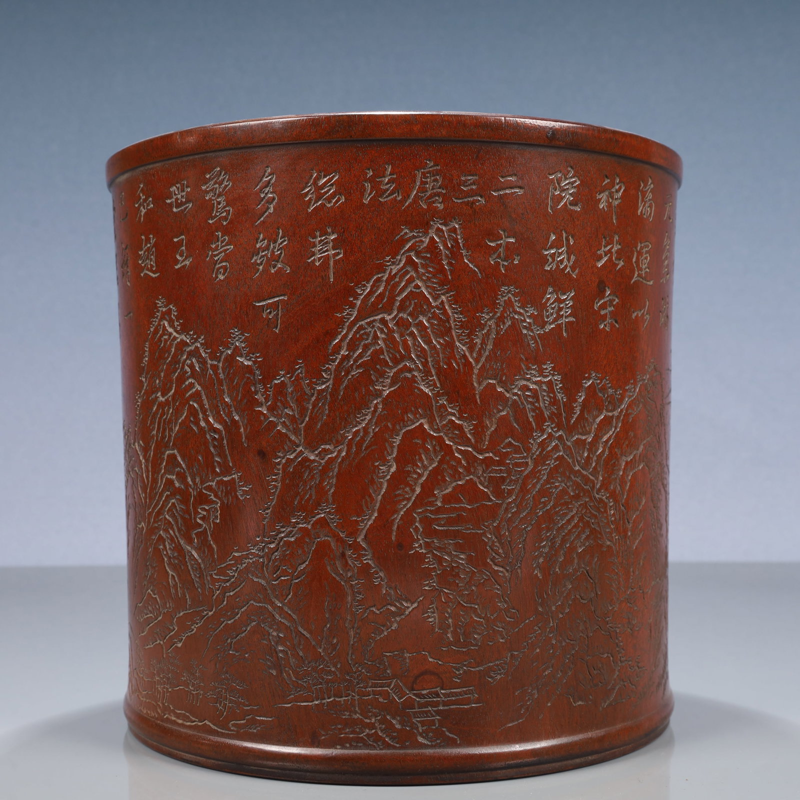 An Exquisite Huanghuali wood Landscape Pattern Brush Pot,With Poem: An Exquisite Huanghuali wood Landscape Pattern Brush Pot,With Poem,Qing Dynasty, China,Size:9.4inx9.1in,Weight:2500g 黄花梨木山水纹笔筒,带&#