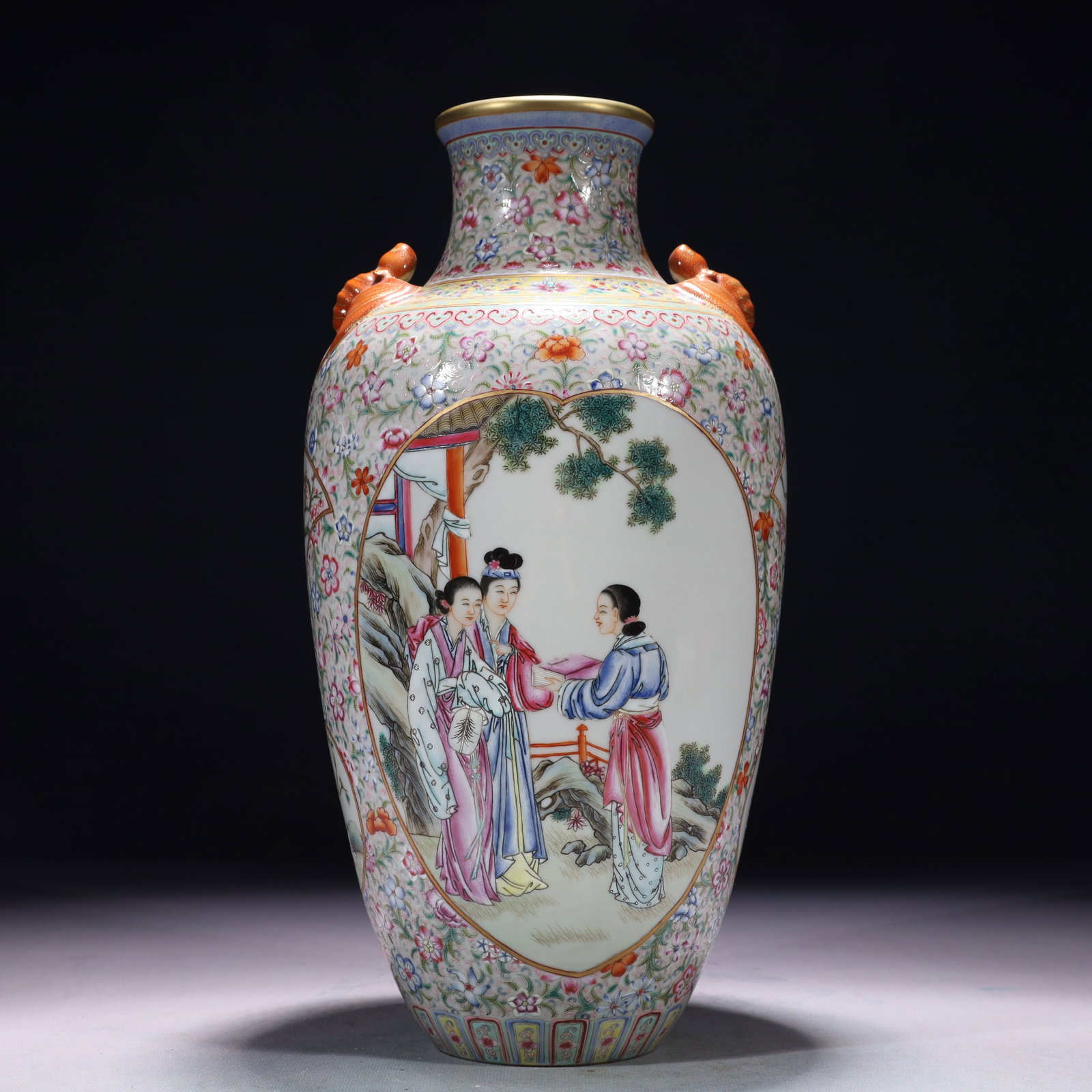 An Exquisite Famille-Rose Painted Gold Character and Story Pattern Beast-Ears Vase: An Exquisite Famille-Rose Painted Gold Character and Story Pattern Beast-Ears Vase,Qing Dynasty,China,Qianlong Four-character Mark,Size:6.3inx13.4in,Weight:1850g 粉彩描金ߟ