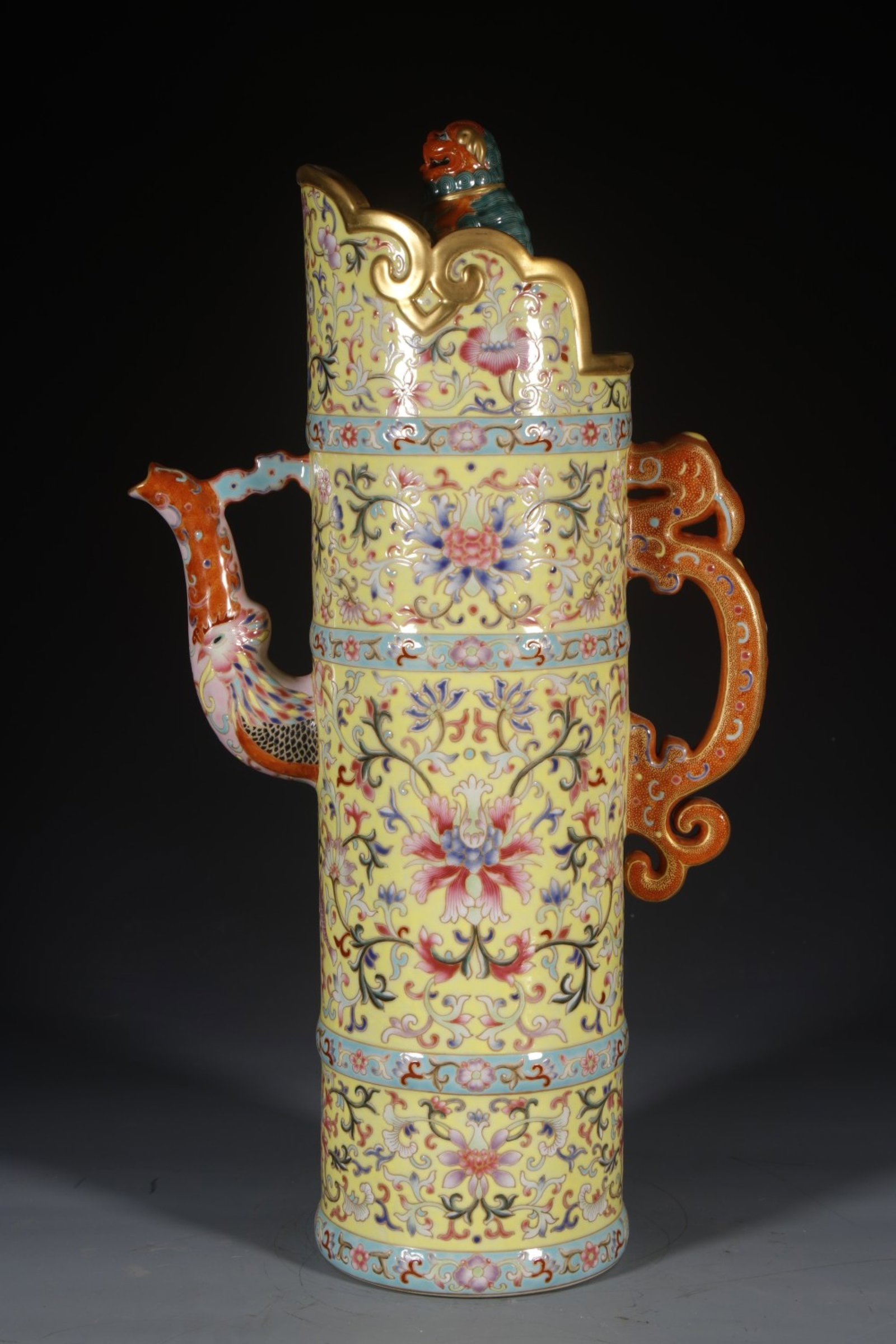 A Huge Yellow Ground Enamel Lotus and Eight Treasures Pattern Pot: A Huge Yellow Ground Enamel Lotus and Eight Treasures Pattern Pot,Qing Dynasty,China,Qianlong Four-character Mark,Size:18.5inx5.5in 黄地珐琅彩缠枝莲