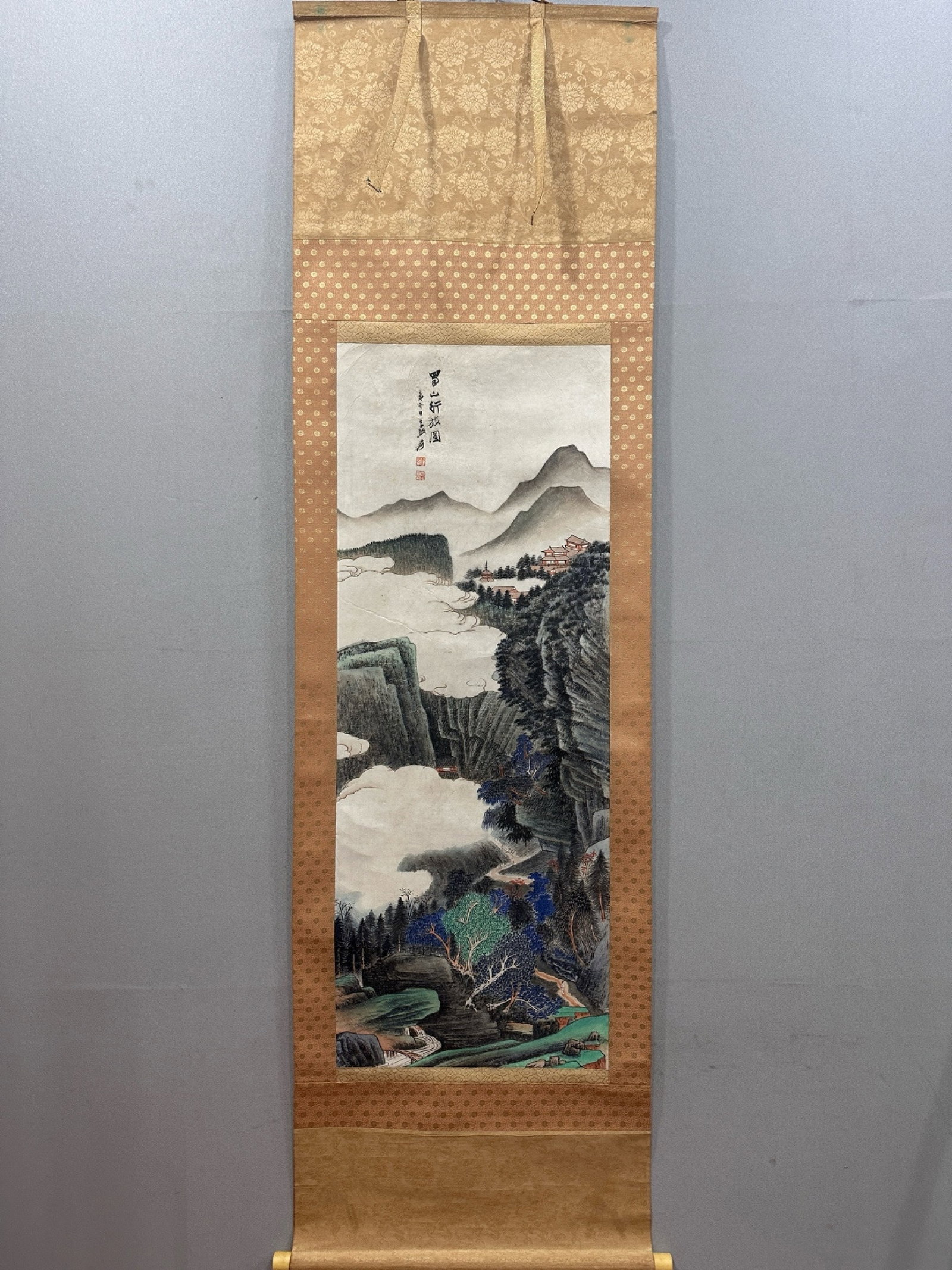 A Chinese Vertical Scroll Ink Painting of Landscape on Paper: A Chinese Vertical Scroll Ink Painting of Landscape on Paper,Zhang Daqian,Size:16.1inx41.7in 一幅中国水墨山水画立轴,张大&#