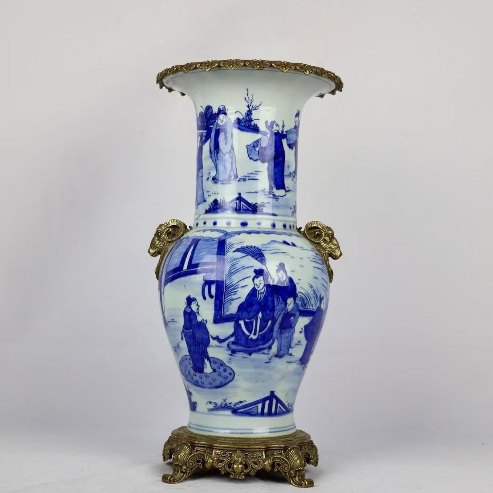A Huge Blue and White Inlaid Bronze Character and Story Pattern Sheep-Ears Vase: A Huge Blue and White Inlaid Bronze Character and Story Pattern Sheep-Ears Vase,Qing Dynasty,China,Kangxi Six-character Mark,Size:17.5inx8.7in 青花镶铜人物故&