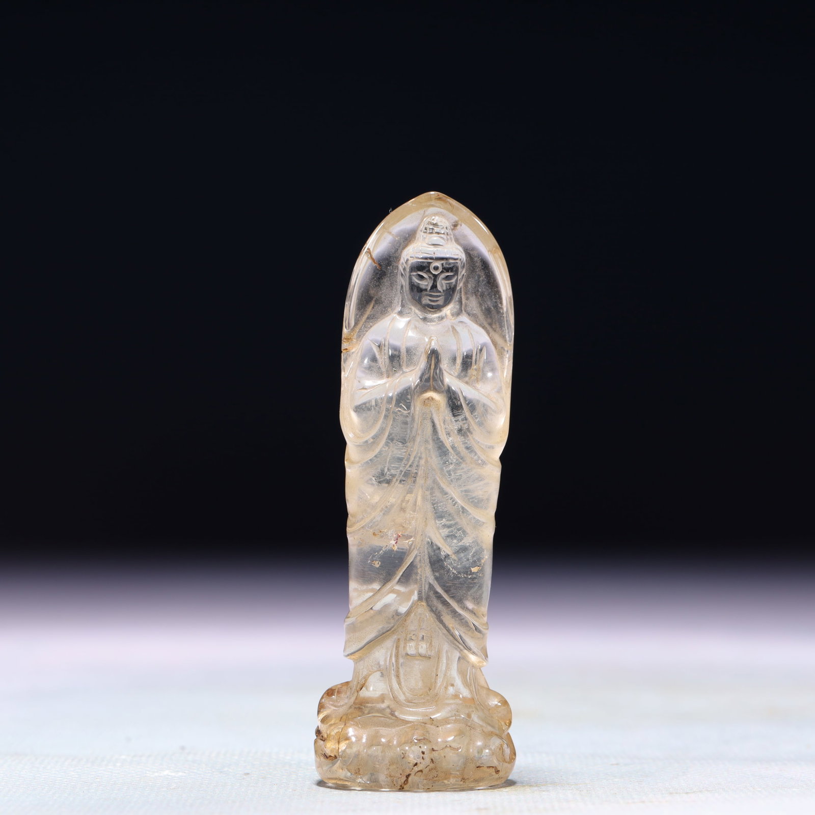 An Exquisite Crystal Statue of Avalokitesvara: An Exquisite Crystal Statue of Avalokitesvara,Qing Dynasty,China,Size:1inx0.8inx3.3in,Weight:58.5g 水晶观音像,中国清代