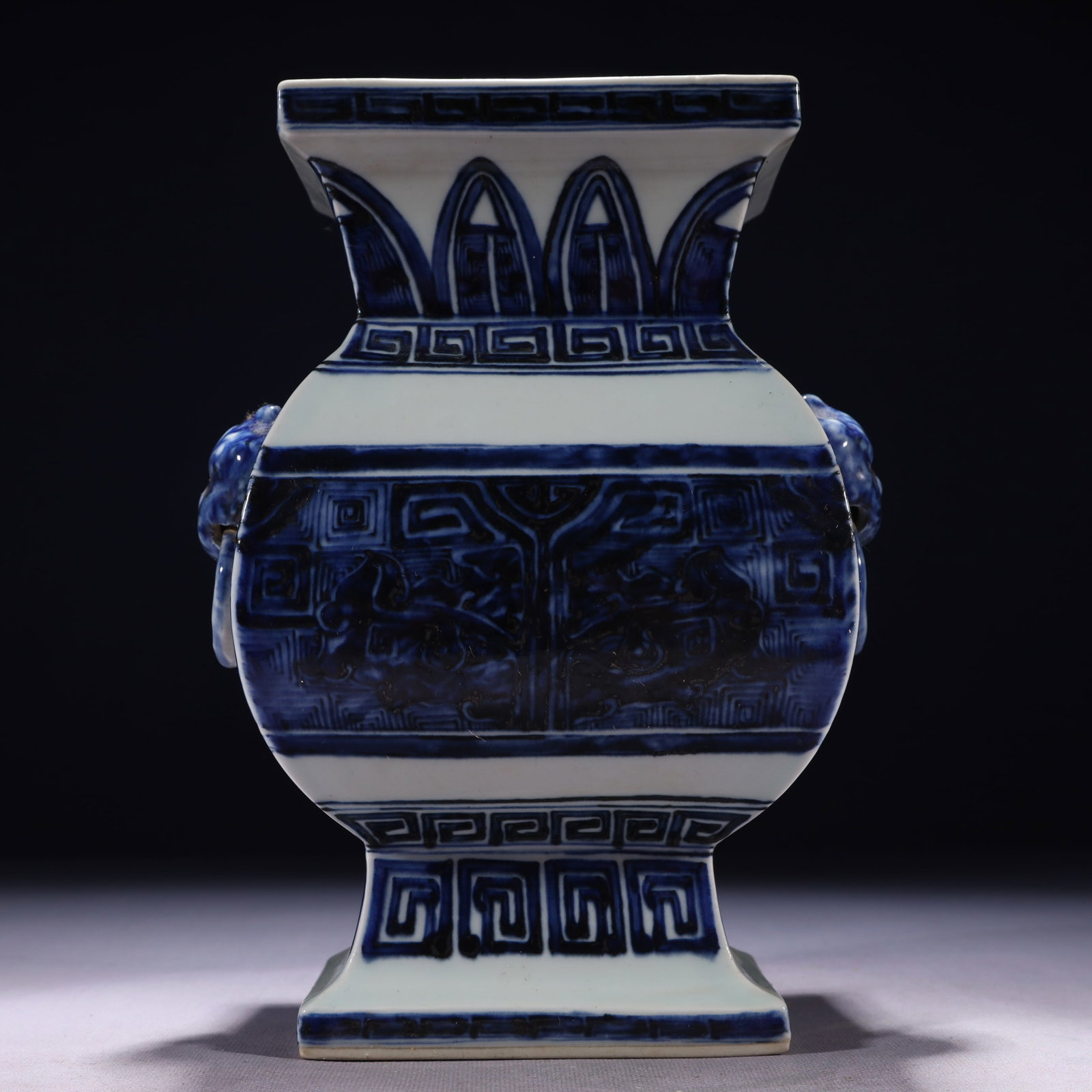 An Exquisite Blue and White Beast-Face Pattern Beast-Ears Vase: An Exquisite Blue and White Beast-Face Pattern Beast-Ears Vase,Qing Dynasty,China,Qianlong Six-character Mark,Size:7.1inx5.5inx9.8in,Weight:2650g 青花兽面纹兽೑
